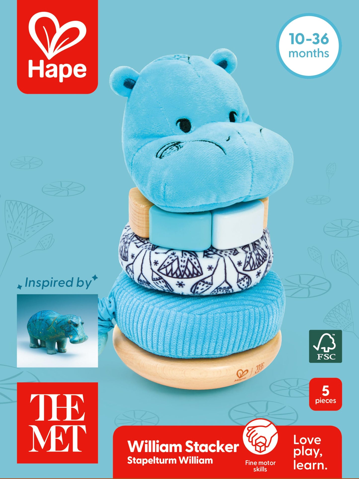 Hape x The Met William the Hippo Baby Stacker – Art-Inspired Stacking Toy for Ages 10-24M – Develops Fine Motor Skills, Colors & Shapes