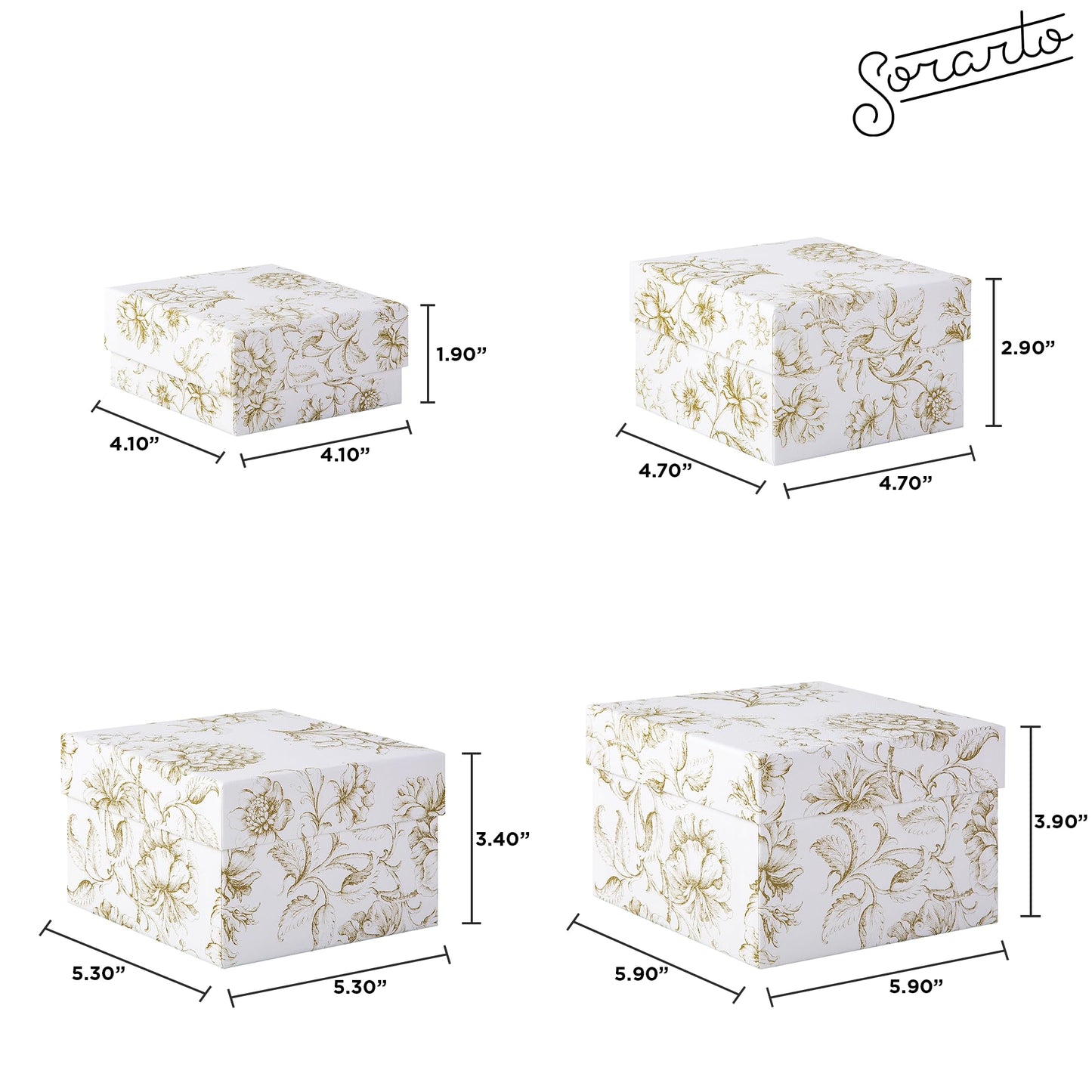 Sorarto Square Gift Boxes with Lids 4pc Set | White Gold Floral Nesting Gift Boxes for Presents Birthday Wedding Bridesmaid Christmas
