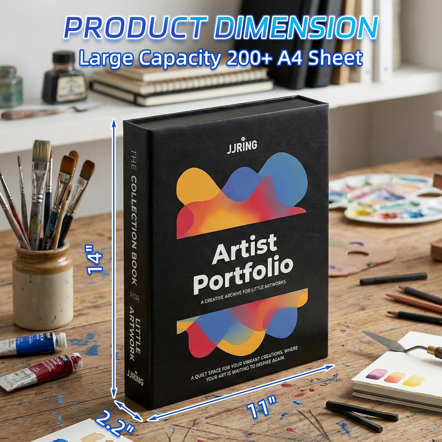 JJRING 9x12 Foldable Art Portfolio Storage Box with Elastic Bands, Student Artwork Keepsake & Professional Document Organizer Folder For Drawings and Classroom Use (Black)