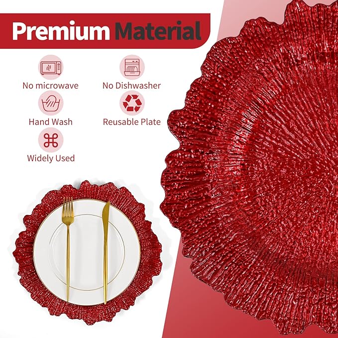 Teruntrue 24 Pcs Red Charger Plates Bulk 13 Inch Plastic Charger Plates for Dinner Plate, Red Chargers for Table Setting, Reef Design Plate Floral Decorative Round Chargers for Wedding Party, Event