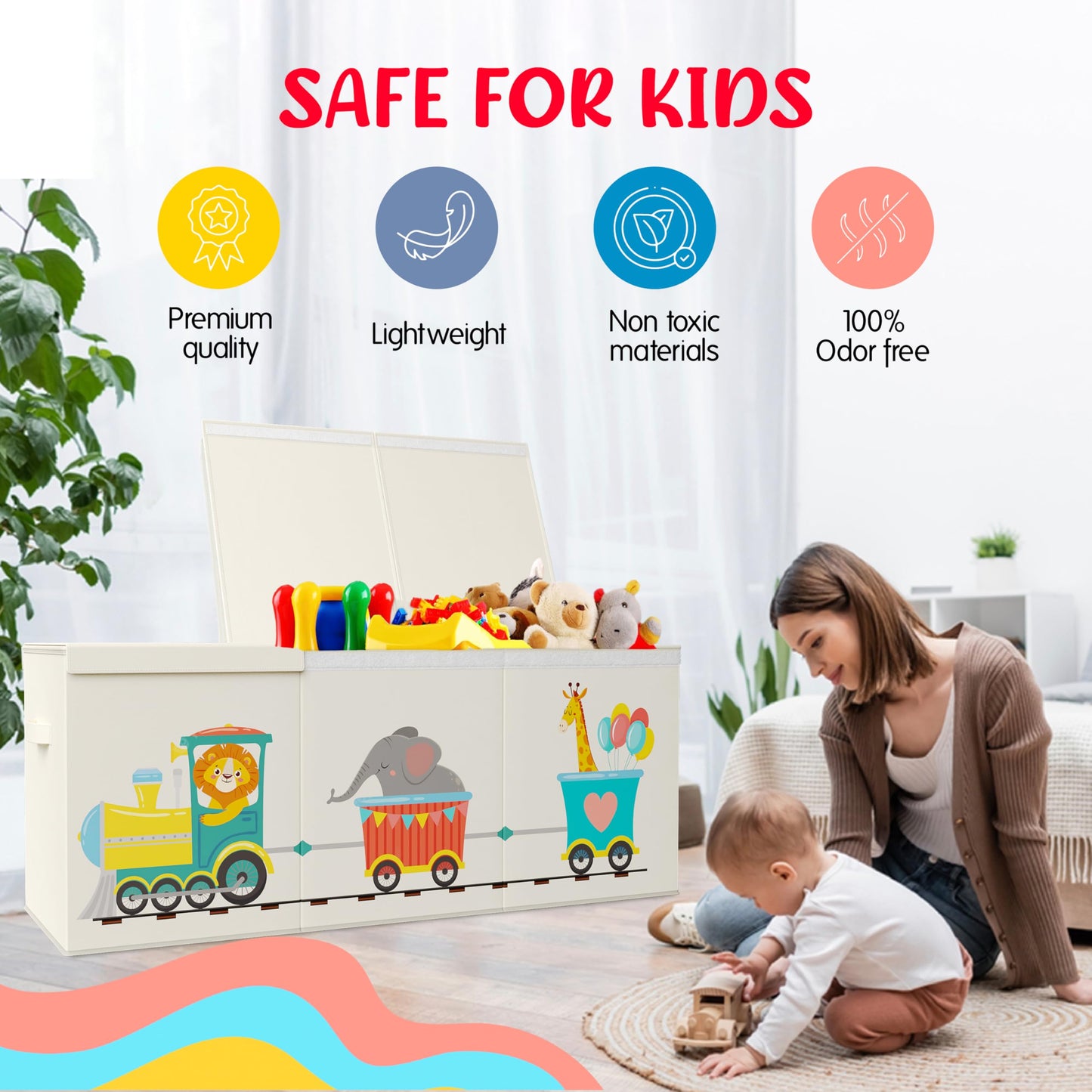 Rossoff Extra Large Collapsible Sturdy Toy Storage Organizer with Lids, Animal Train Toy Box for Boys Girls, 40"x16"x16", Modern, Beige