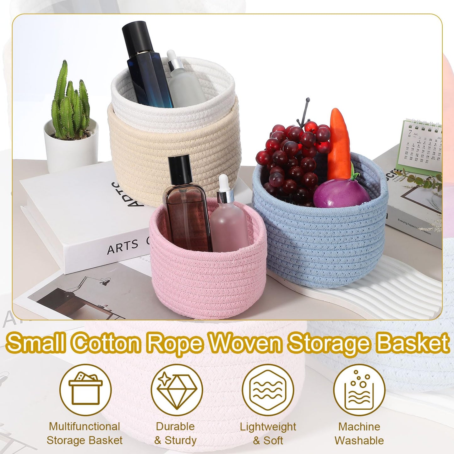 uxcell Green Small Cotton Rope Woven Storage Basket, Shelf Closet Storage Gift Woven Baskets Cute Nursery Box Bin Decor Organization Bin for Home Supply, Round, 5.6x3.6