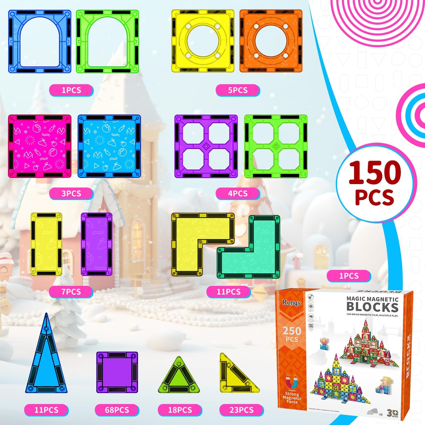 Ronqs 250 PCS 3D STEM Educational Magnetic Tiles for Kids Magnetic Blocks for Kids Magnetic Building Blocks Set