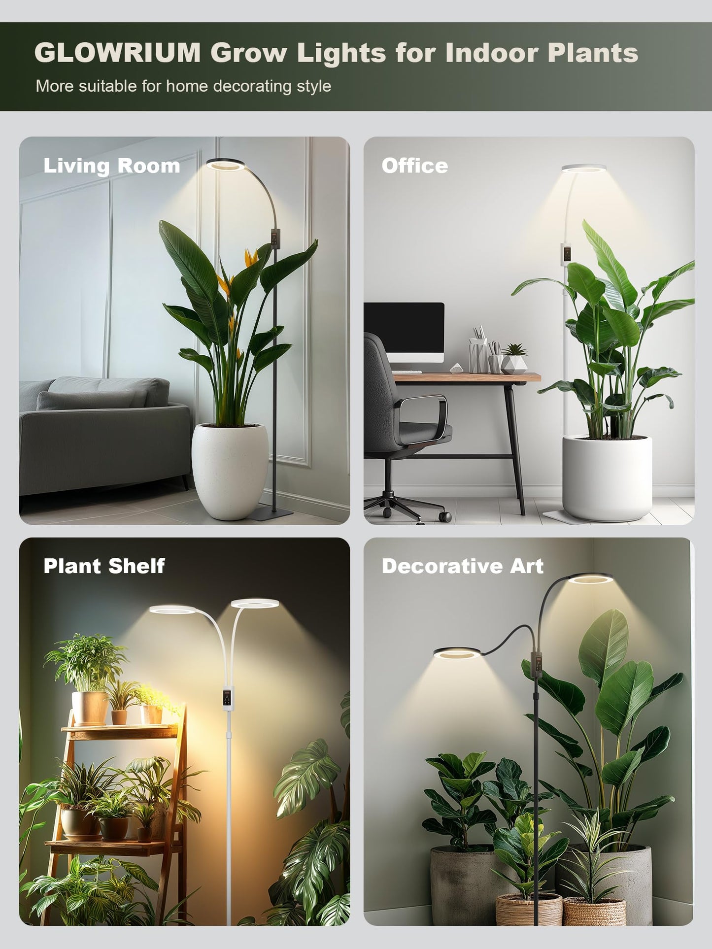 GLOWRIUM Smart Grow Lights for Indoor Plants, 48W Full Spectrum Plant Lights with Bluetooth App, Adjustable Height 47-70.9", Auto Timer, Indoor Plant Lamp for Large Tall Plants（Black 48W）