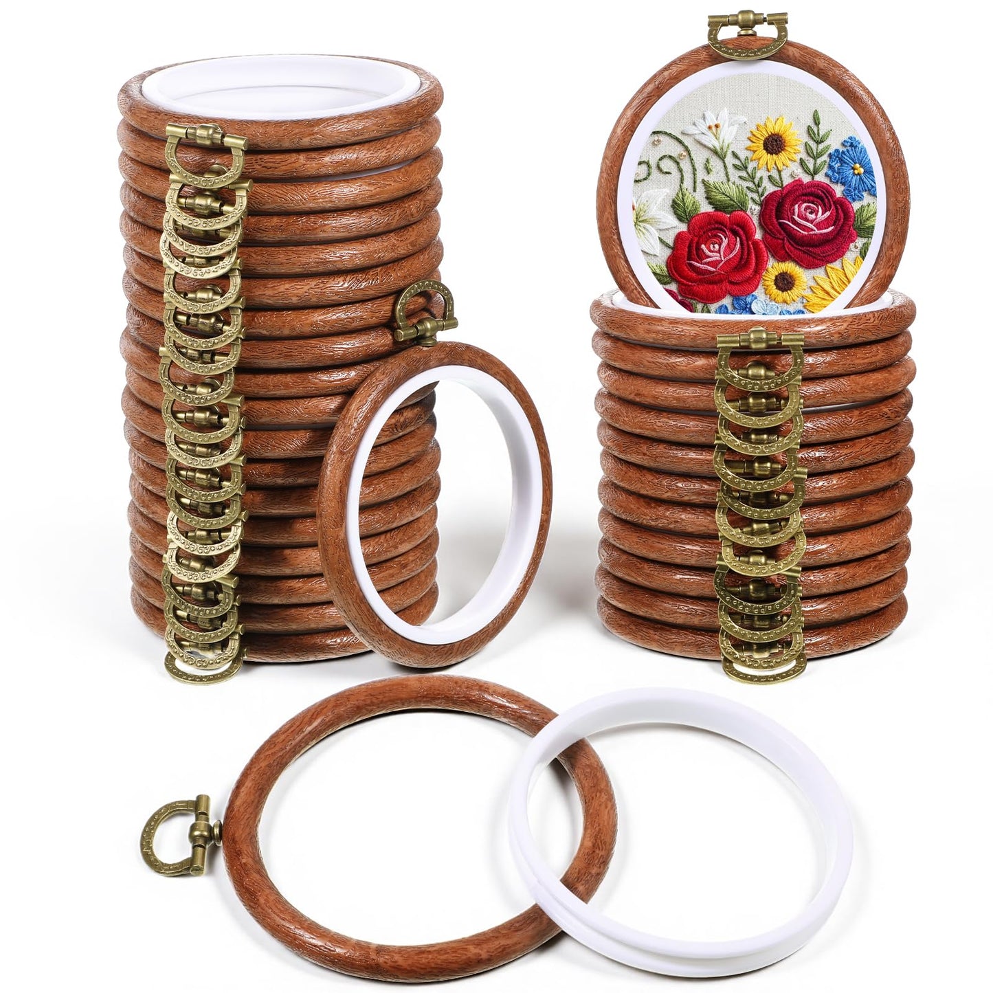 IMengjbang 30 Pcs 3 Inch Mini Embroidery Hoops Bulk, Circle Rubber Hoops Ring Display Cross Stitch Ornament Imitated Wood Frame Kits for DIY Hanging Gifts Christmas Fall Farmhouse Ornaments Decoration