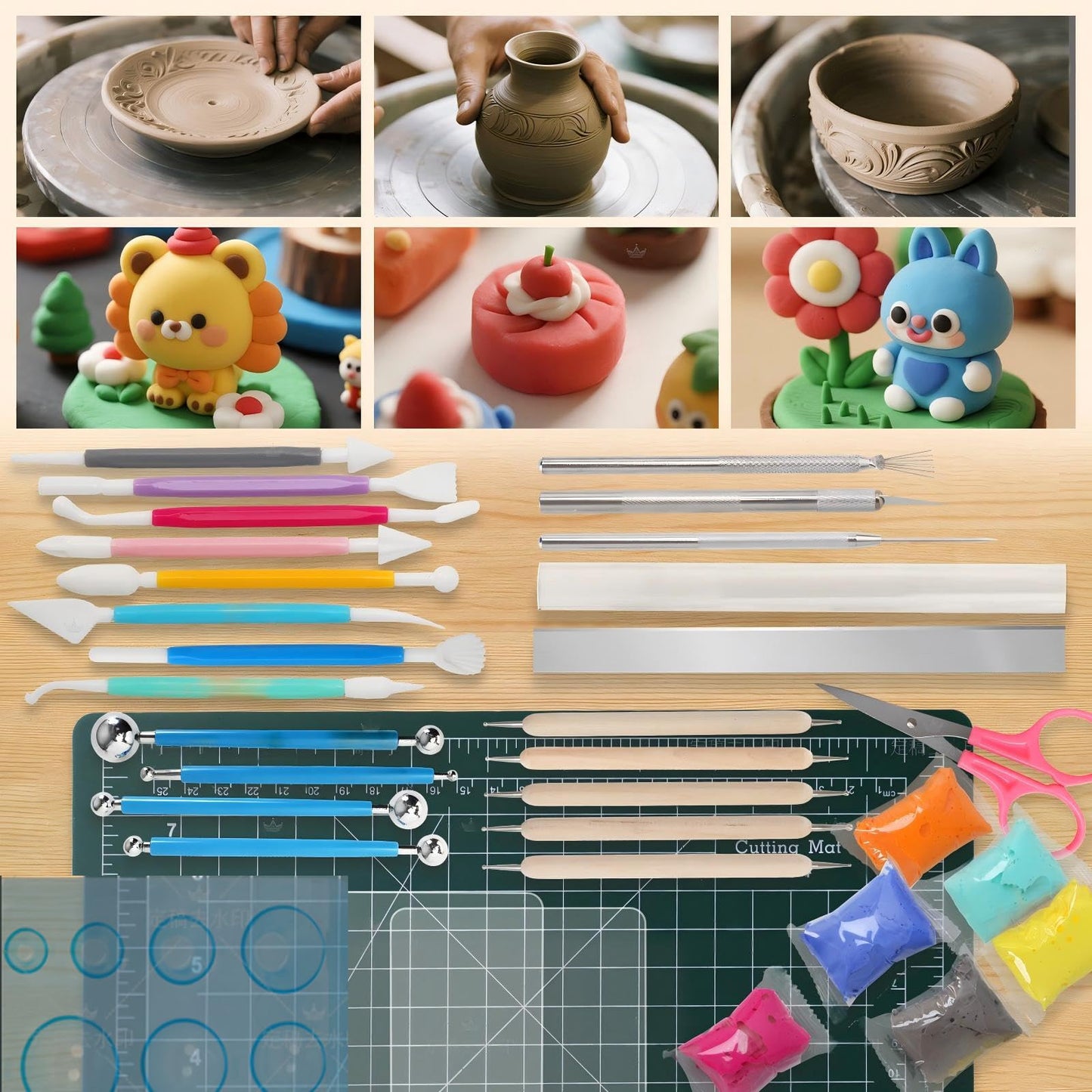 Basic Polymer Clay Tools, Clay Sculpting Tools Acrylic Roller Pin, Clear Rectangle Sheet Press Board, Double-Ended Pottery Carving Set for Beginner (26)