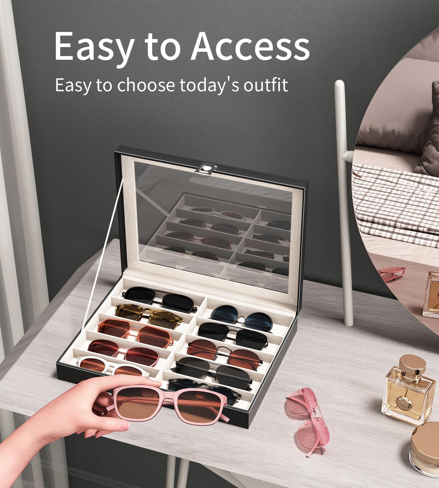 NEWLOOP Sunglass Organizer for Women Men - Multiple Pair of Sunglasses Storage Box Eye Glass Watch Leather Display Case with 10 Slots Black