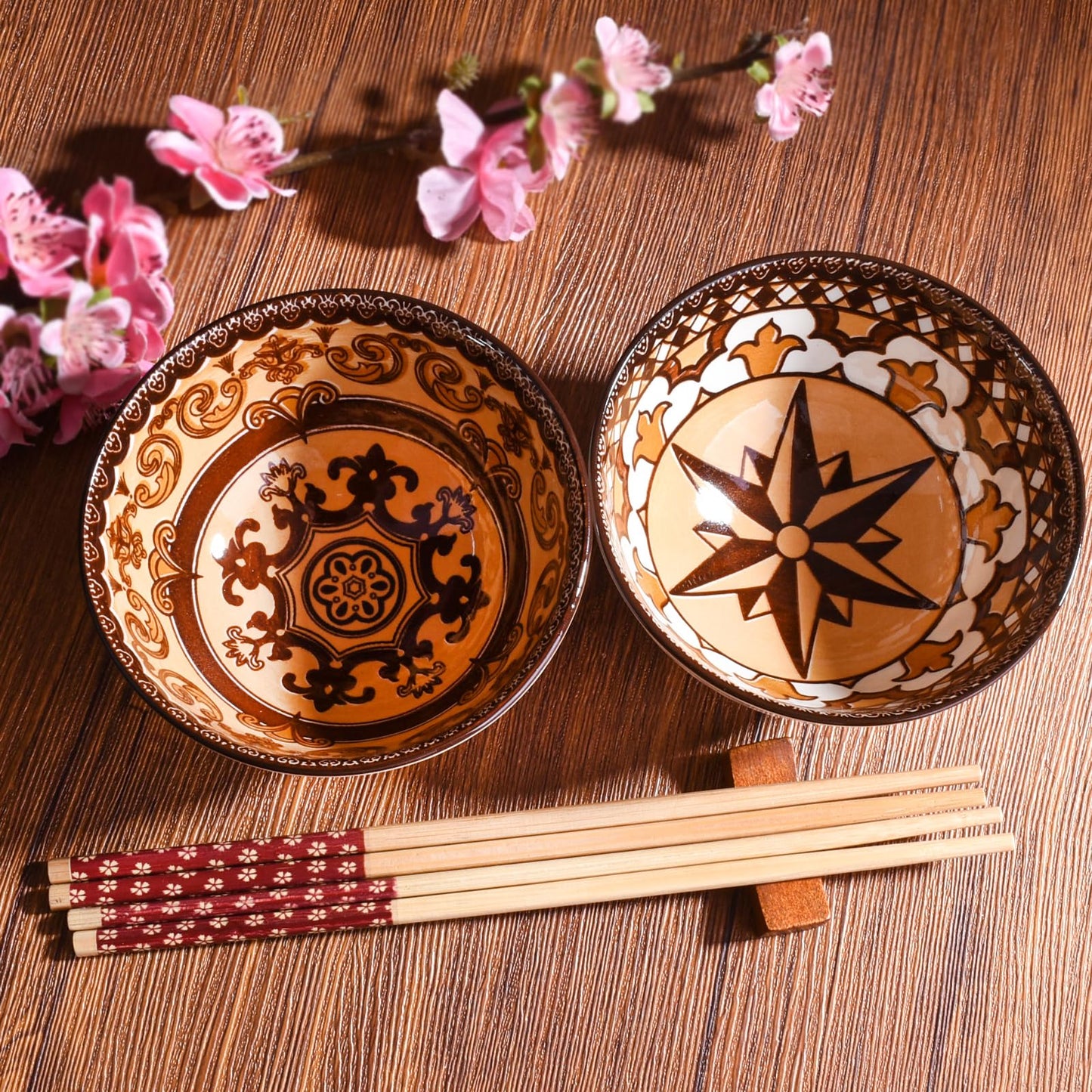 Ceramic Rice Bowl Set with Chopsticks Set of 2, Japanese Style Dining Bowls, Decorative Gift Box Package (2, LM)