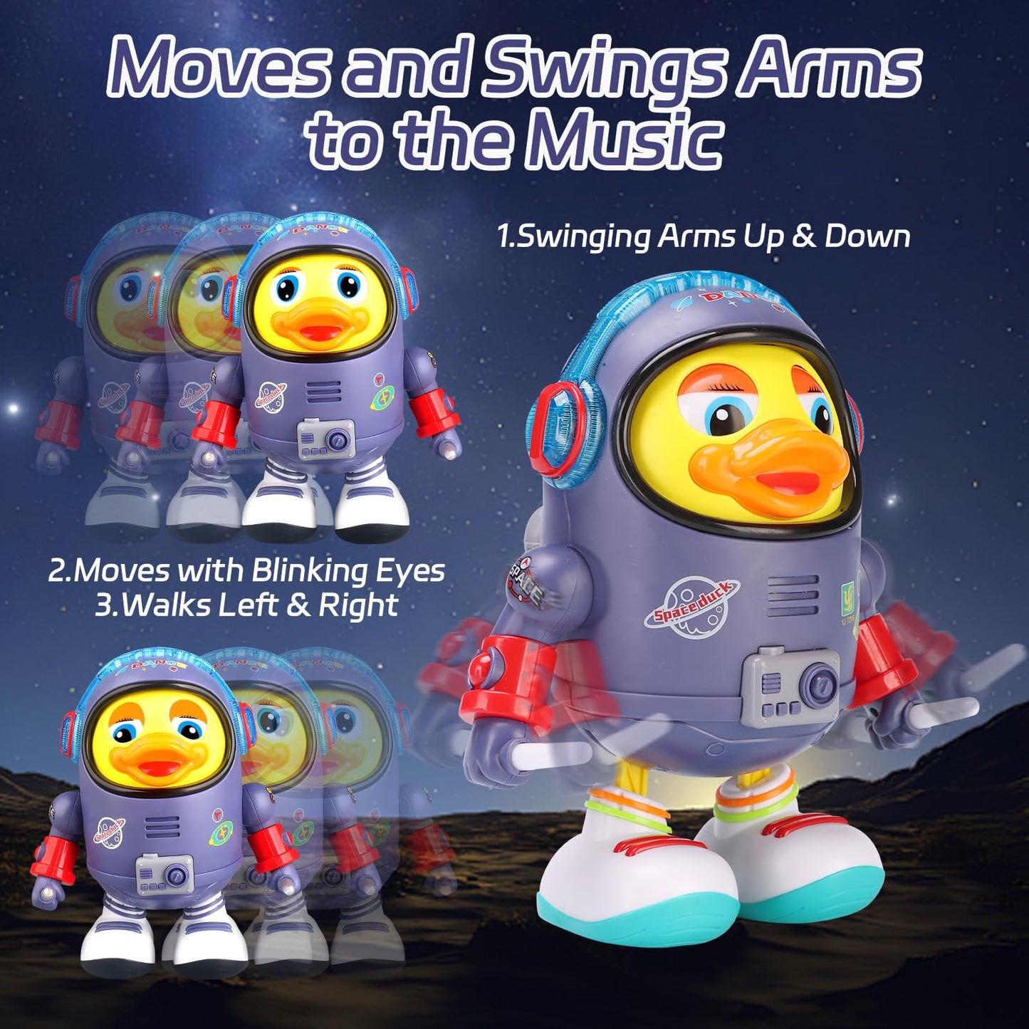 Musical Dancing Space Duck Toy, Walking Duck Robot with Lights & Sounds, Crawling Interaction & Tummy Time Toy for Babies Toddlers Birthday Gift (Blue)