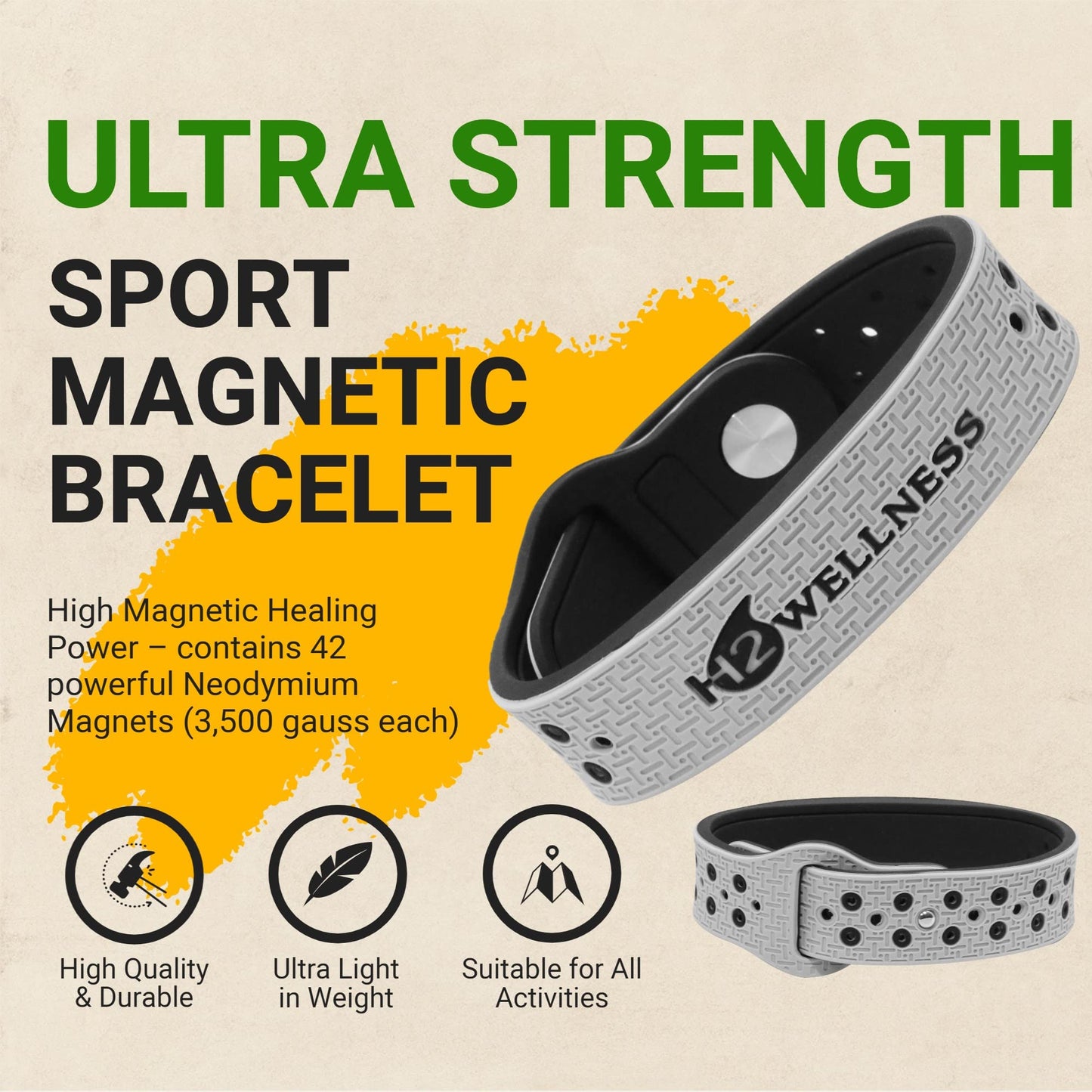 H2WELLNESS Magnetic Therapy Bracelet Super Ultra Strength Waterproof Breathable Comfortable Adjustable Infused with Titanium and Copper Sport Band (Gray)