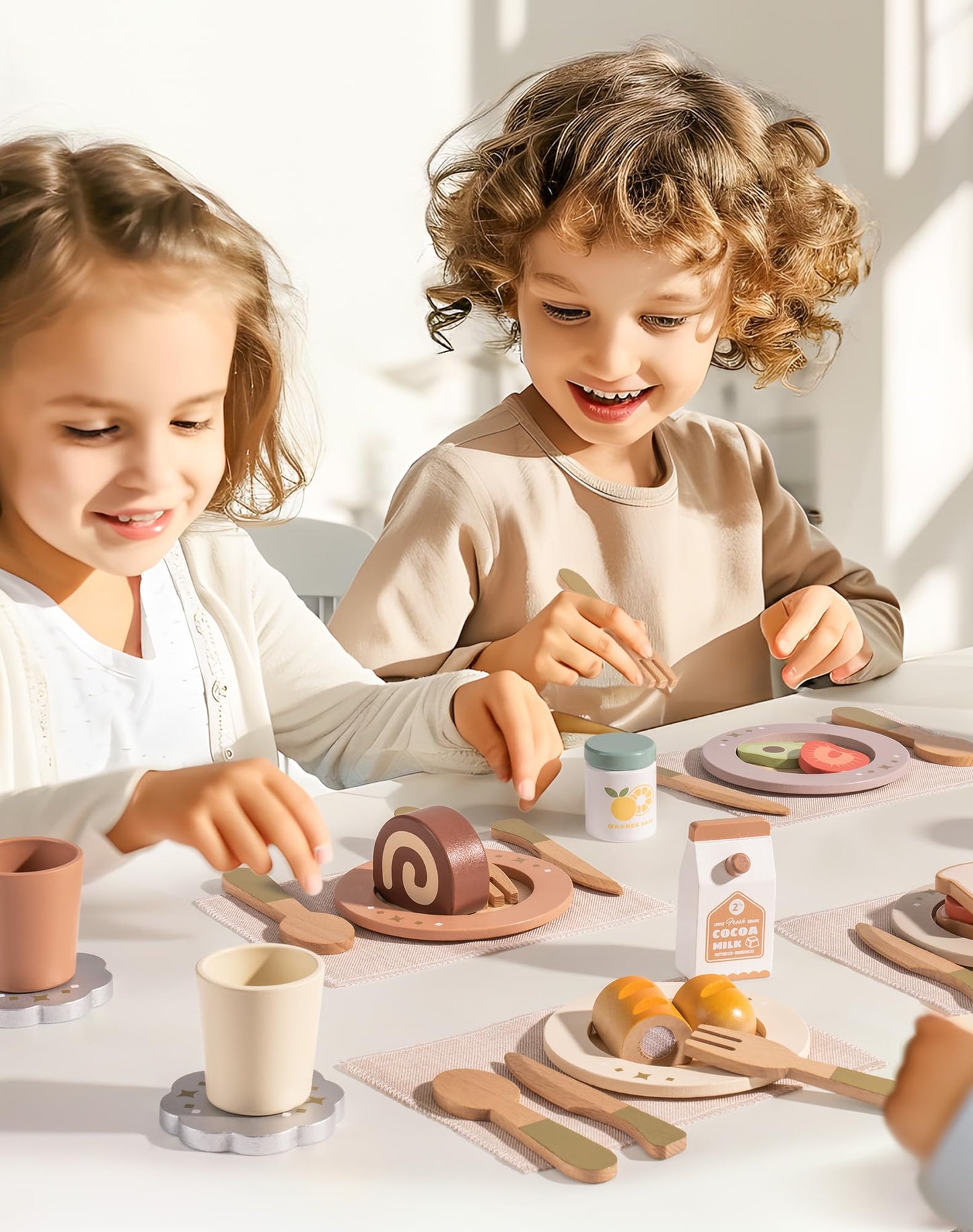 ROBOTIME Play Kitchen with Dishes Set, Rustic Wooden Kitchen Pretend Play Kitchen, 29PCS Wooden Toy Plates and Dishes for Kitchen Set for Toddler Boys Girls Gifts