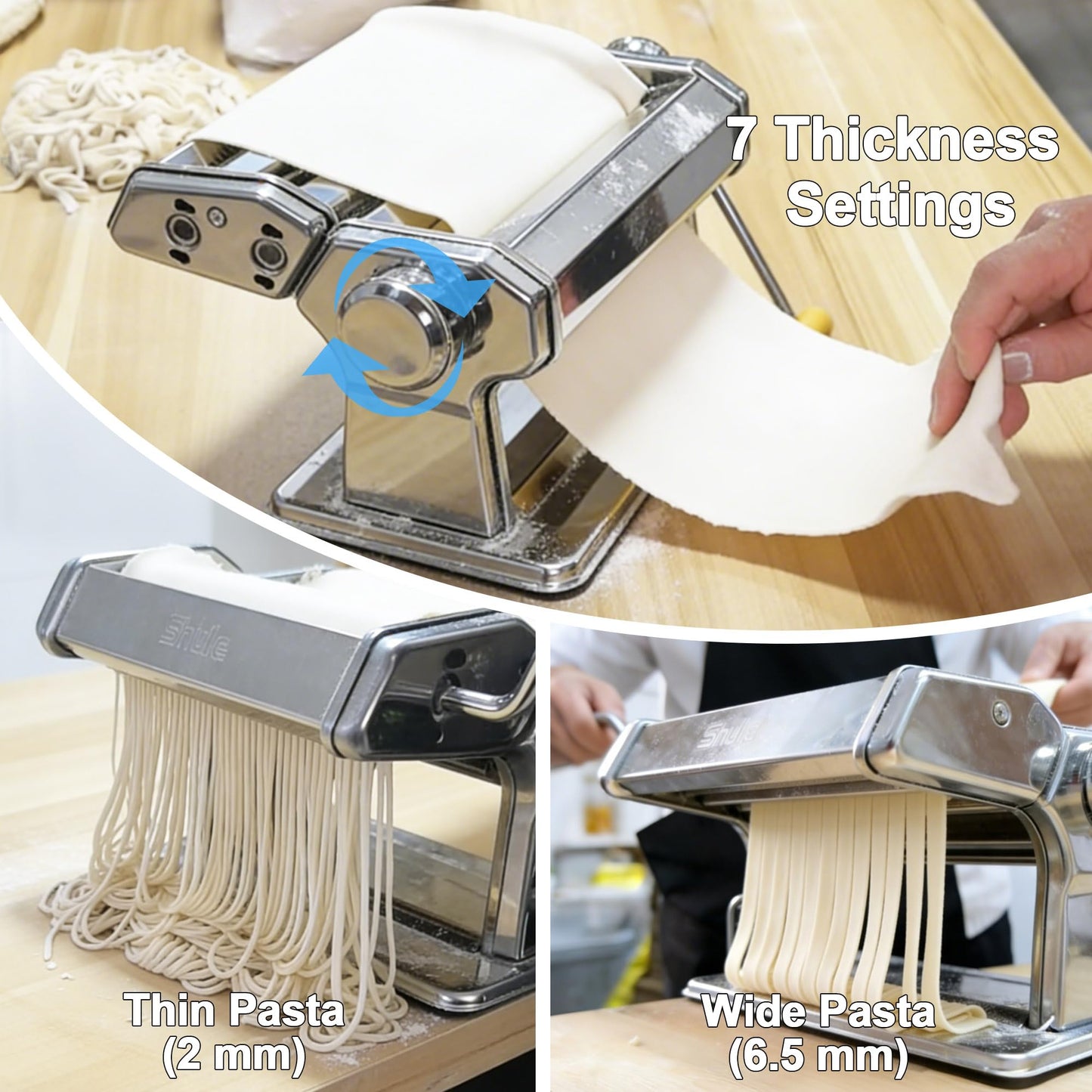 Pasta Maker Machine With 7 Adjustable Thickness Settings, Stainless Steel Manual Noodle Maker,Pasta Roller& Cutters With Removable Handle and Clamp For Kitchen