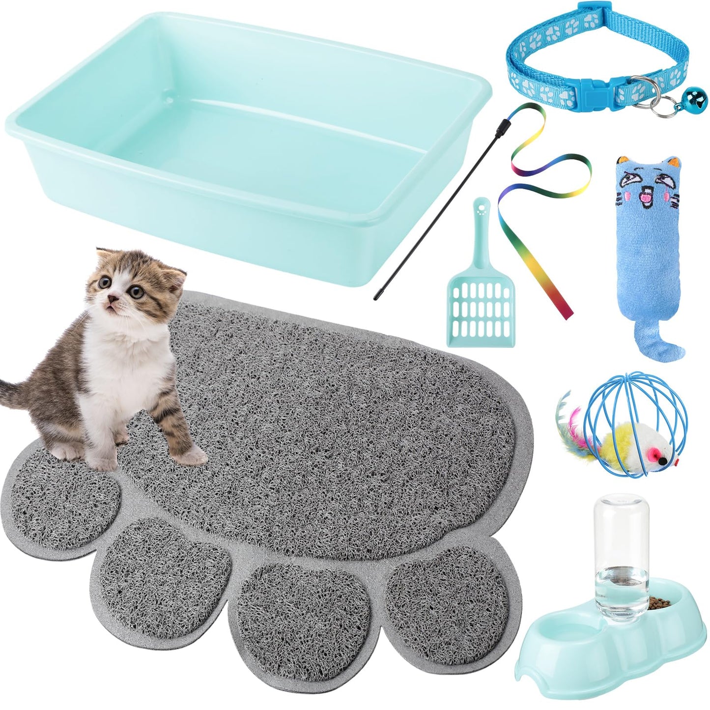 7 Pcs Small Cat Kitten Starter Kit Cat Litter Box with Shovel Paw Litter Mat Double Automatic Kitten Bowls Toy Teaser Stick Collar Essentials Kits for 1-3 Lbs Beginner(Simple,Blue)