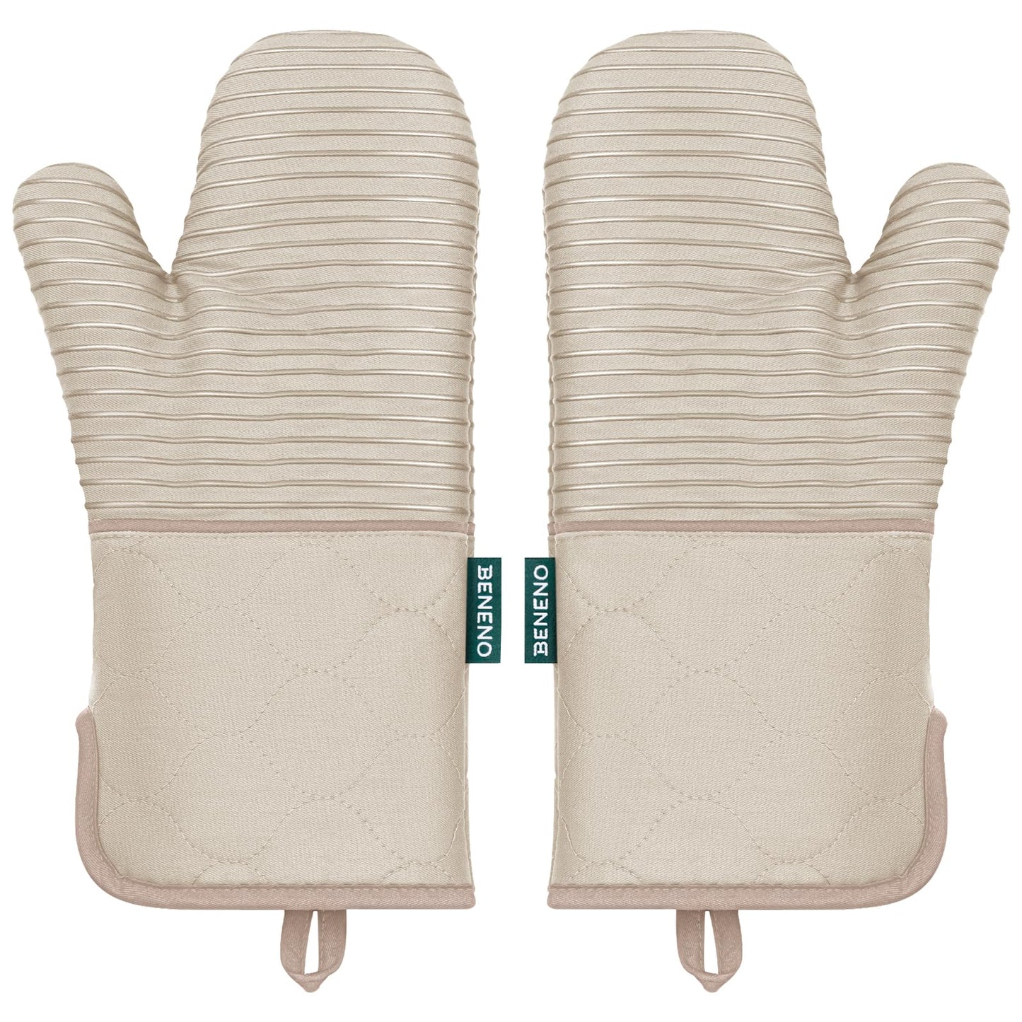 Beneno Kitchen Oven Mitts 2-Pack Heat Resistant to 500°F with Non-Slip Silicone Grip, Extra Long 14.3" Forearm Protection, Soft Quilted Cotton Terry Lining, Ideal for Cooking, Baking, Grilling, Beige