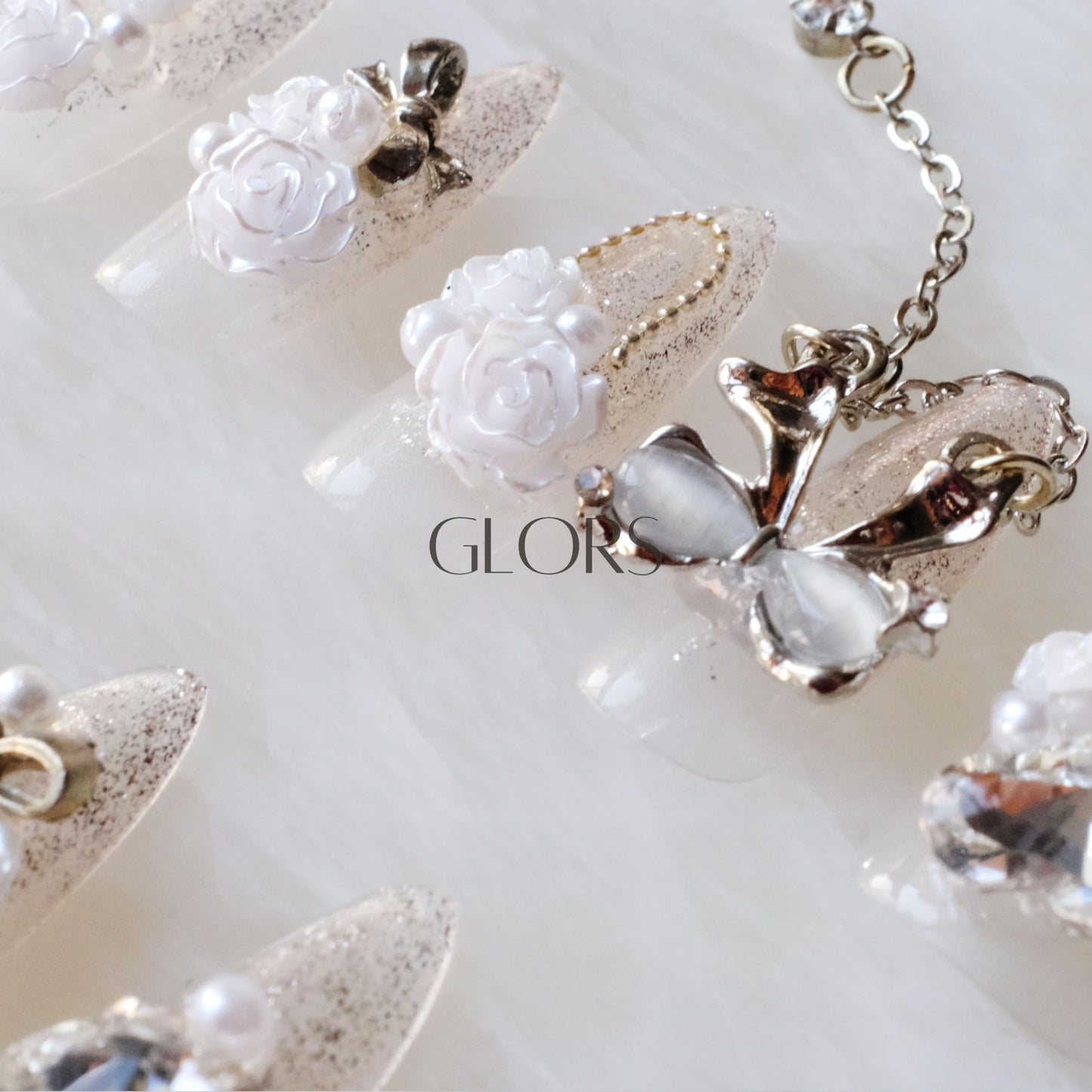 GLORS Luxury Long Almond Press-On Nails, 3D White Roses with Silver Glitter, Pearl and Rhinestone Decorations, Handmade False Nail 10 Pieces (Small, LS)