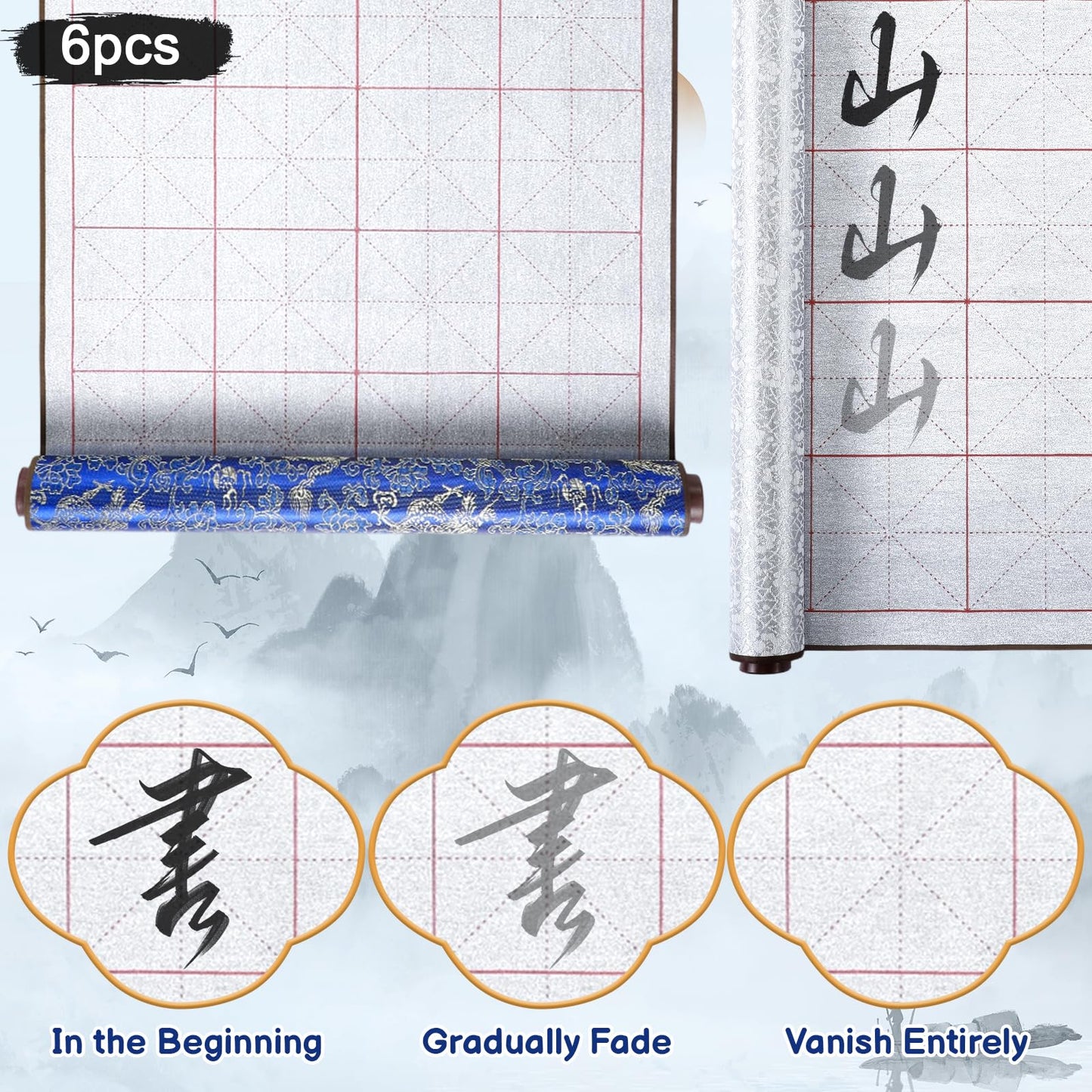 Jaloro 6 Pcs Chinese Calligraphy Cloth Set Magic Writing with Water Canvas No Ink Scroll Canvas Reusable Calligraphy Practice Kit with Brush Pen Plastic Dish Gift for Beginners Home School