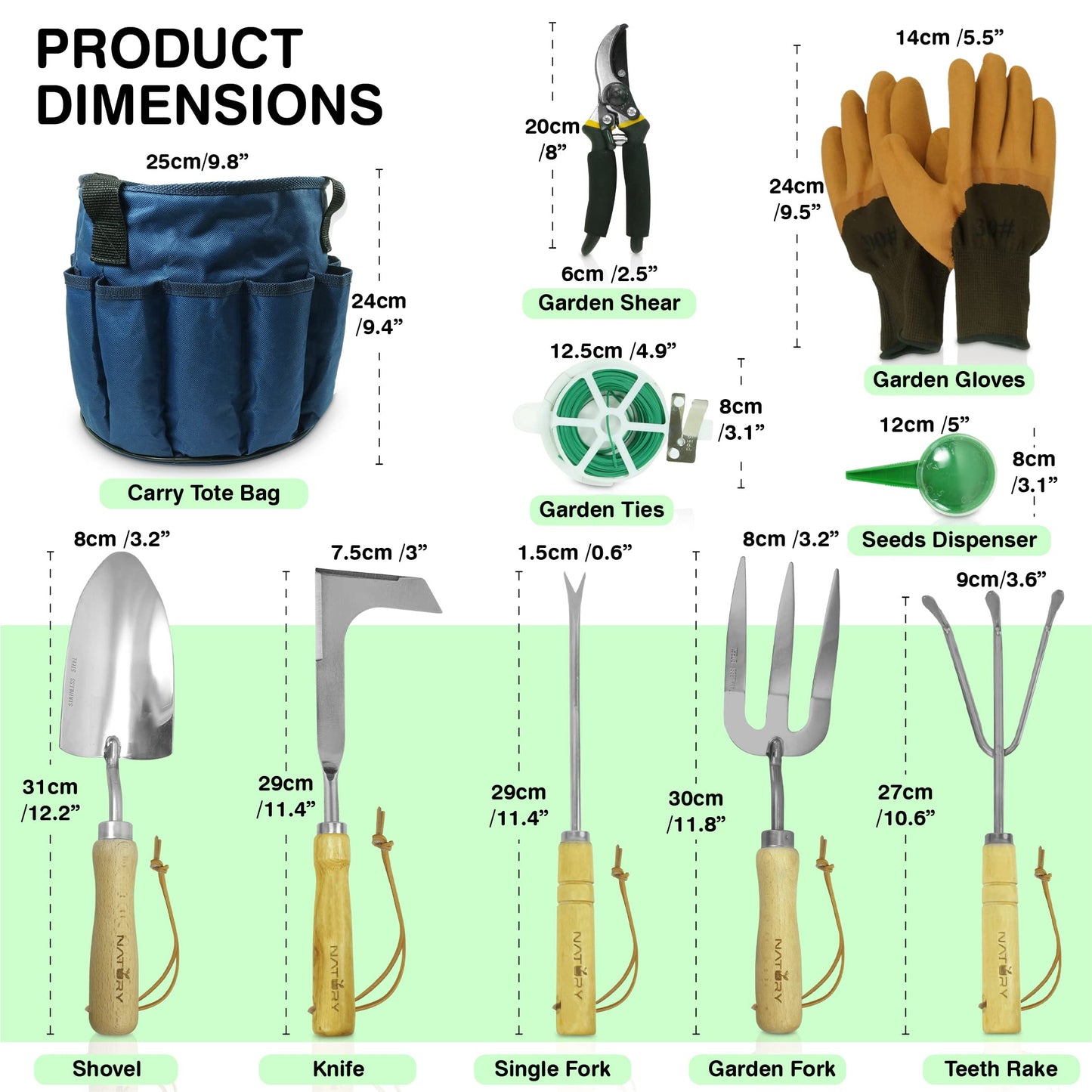 Natury Garden Tools Set – Premium Stainless Steel Gardening Hand Tools with Solid Beechwood Handle – Gardening Kit with Rake, Shovel, Gloves, Shears, Tool Organizer – Garden Gifts for Women and Men