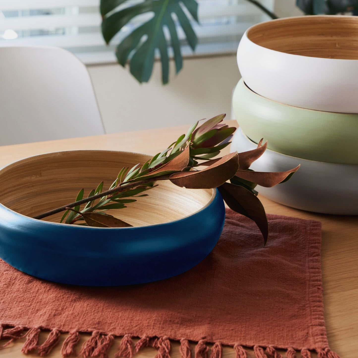 HABITAAS Fruit Bowl for Kitchen Counter – Handmade Spun Bamboo, Large 11.75" Fruit Basket, Eco-Friendly Decorative Serving Bowl for Home Decor, Produce Storage & Centerpiece (Blue)