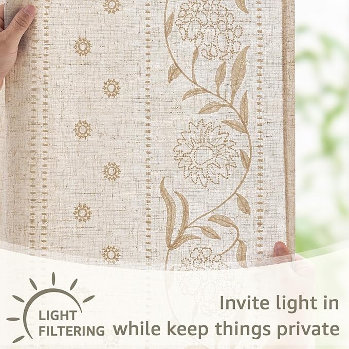 jinchan Winslow Linen Curtains for Living Room Floral Curtains 96 Inch Length Ivory Embroidered Bordered for Sitting Room Farmhouse Decor Light Filtering Window Treatments Set of 4