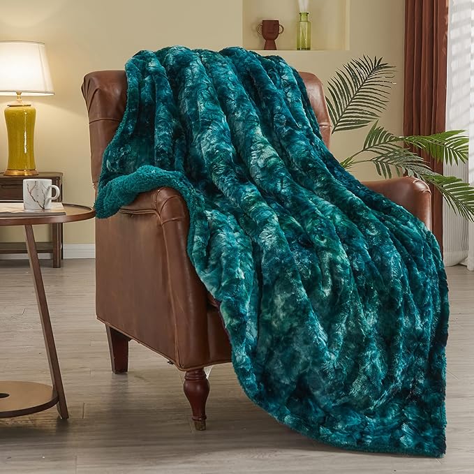 NEWCOSPLAY Super Soft Faux Fur Throw Blanket for Couch Tie-dye Dark Teal Sherpa Fuzzy Plush Warm Blanket for Sofa Bed (Tie-dye Dark Teal, Throw(50"x60"))