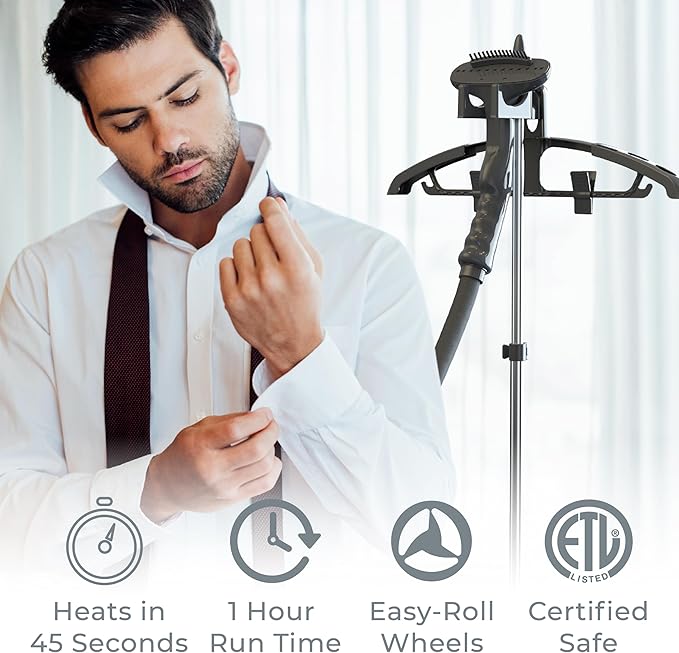 Pure Enrichment PureSteam XL Standing Fabric Steamer - Professional Wrinkle Remover Heats in 45 Seconds; 1/2-Gallon Tank for 1 Hour of Steaming; Easy-Roll Wheels, Garment Hanger, & Fabric Brush