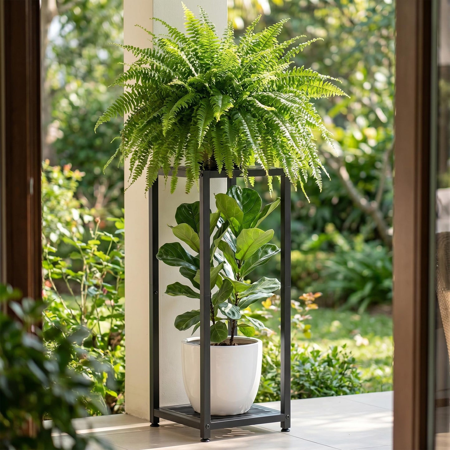 TOSKING Tall Plant Stand Indoor – 2-Tier Modern Metal Shelf, 30" Height & 200 LBS Capacity, Heavy Duty for Living Room, Balcony, Garden (Black)