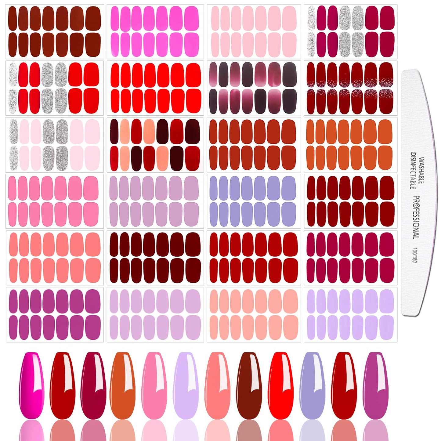 JERCLITY 24 Sheets Red Solid Color Nail Polish Strips Stickers Warm Color Full Nail Wraps Self Adhesive Nail Art Decal Nail Strips for Women Girls