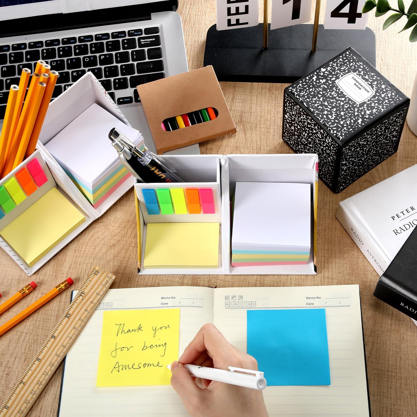 Eaasty 3 Set Teacher Appreciation Gifts Sticky Notes Organizer with Pen Holder 3-in-1 Memo Pad Set Portable Desk Organizer with Pencil Notebook Composition Book Pattern for End of Year Office