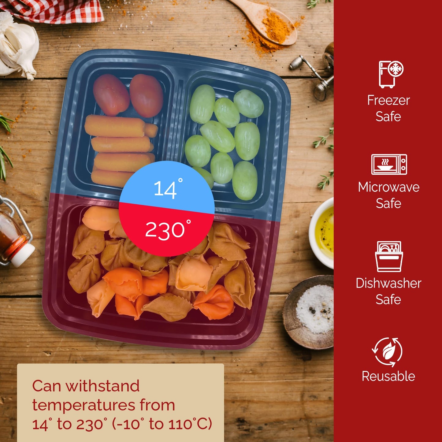 Reli. Meal Prep Containers 32 oz (20 Pack) 3 Compartment Meal Prep Containers Reusable, Microwave Safe | Plastic Togo Box for Food | Mealprep Box for Takeout, To Go, Leftover, Food