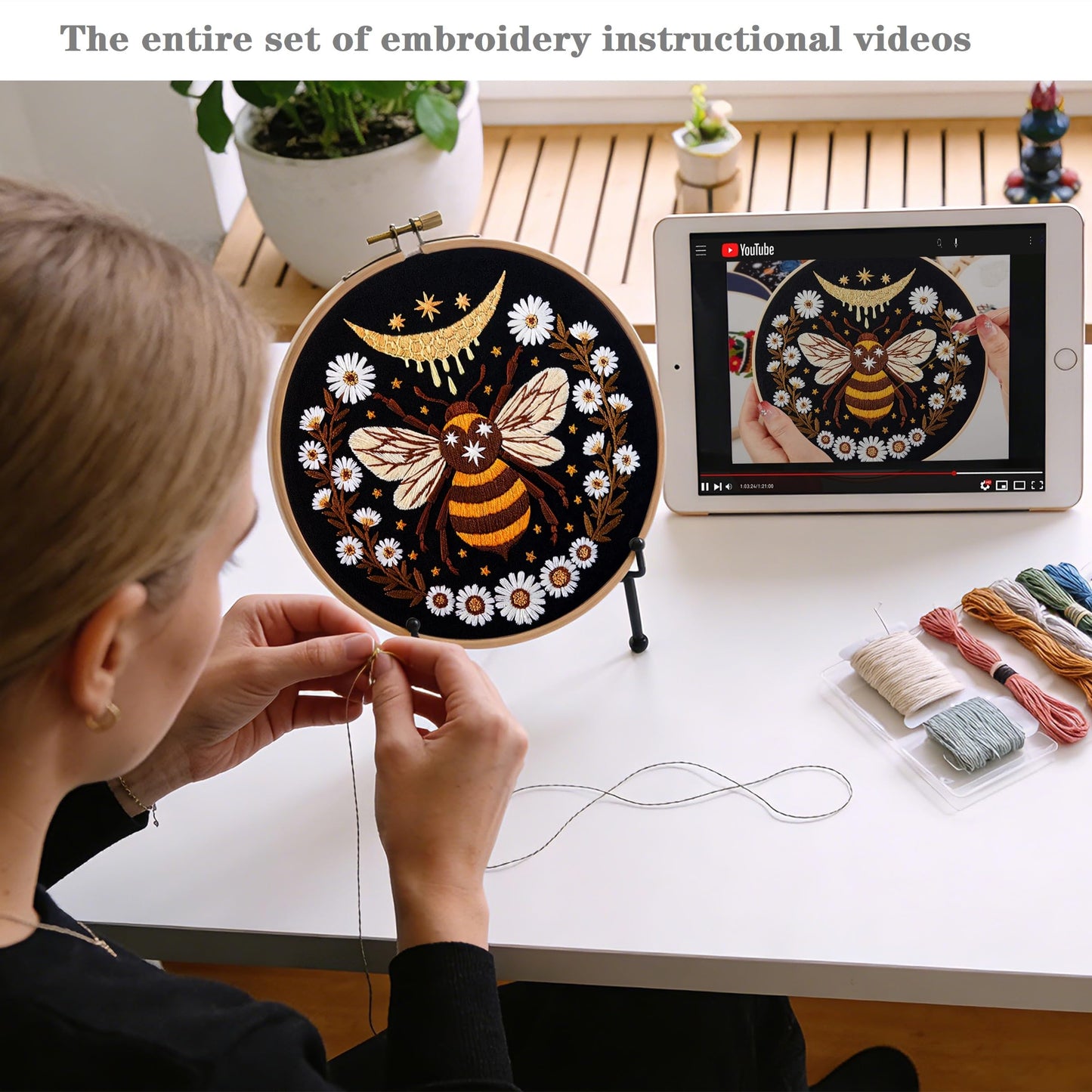 Hand Embroidery Starter Kits for Beginners Adults, Counted Stamped Cross Stitch Kit for Beginners Adults, Embroidery Needlepoint Kit with Moth Flower Pattern, 3 Hoops (Attached Teaching Video QR Code)