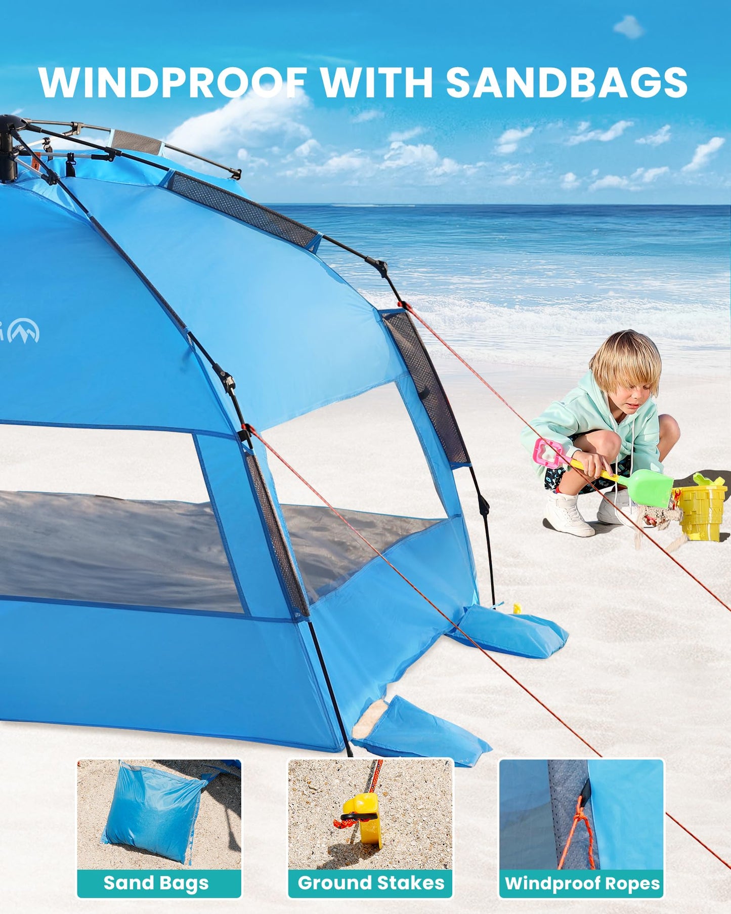 OutdoorMaster Pop Up Beach Tent for 4 Person - Easy Setup and Portable Beach Shade Sun Shelter Canopy with UPF 50+ UV Protection Removable Skylight Family Size - Blue