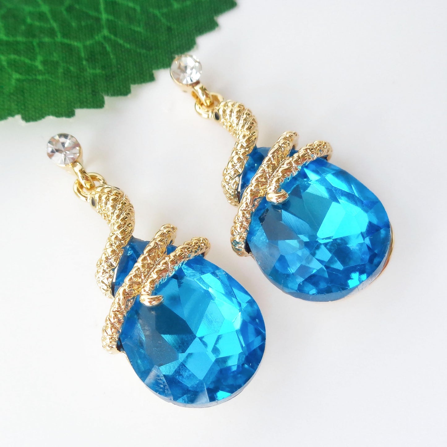 Navachi 18k Gold Plated Crystal Lake Blue Zircon Snake Drop Dangle Earrings
