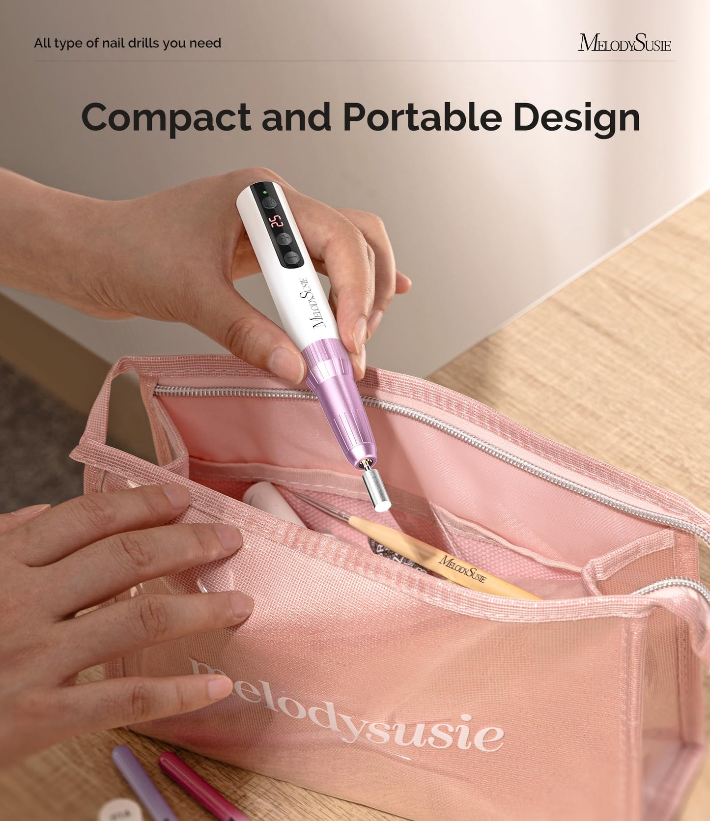 MelodySusie Pen-Shaped Portable Cordless Nail Drill, PC180E 25000RPM Rechargeable Electric File with LED Display for All Nail Care, Manicure Shaping & Acrylic Gel Removal for Nail Artists DIY at Home