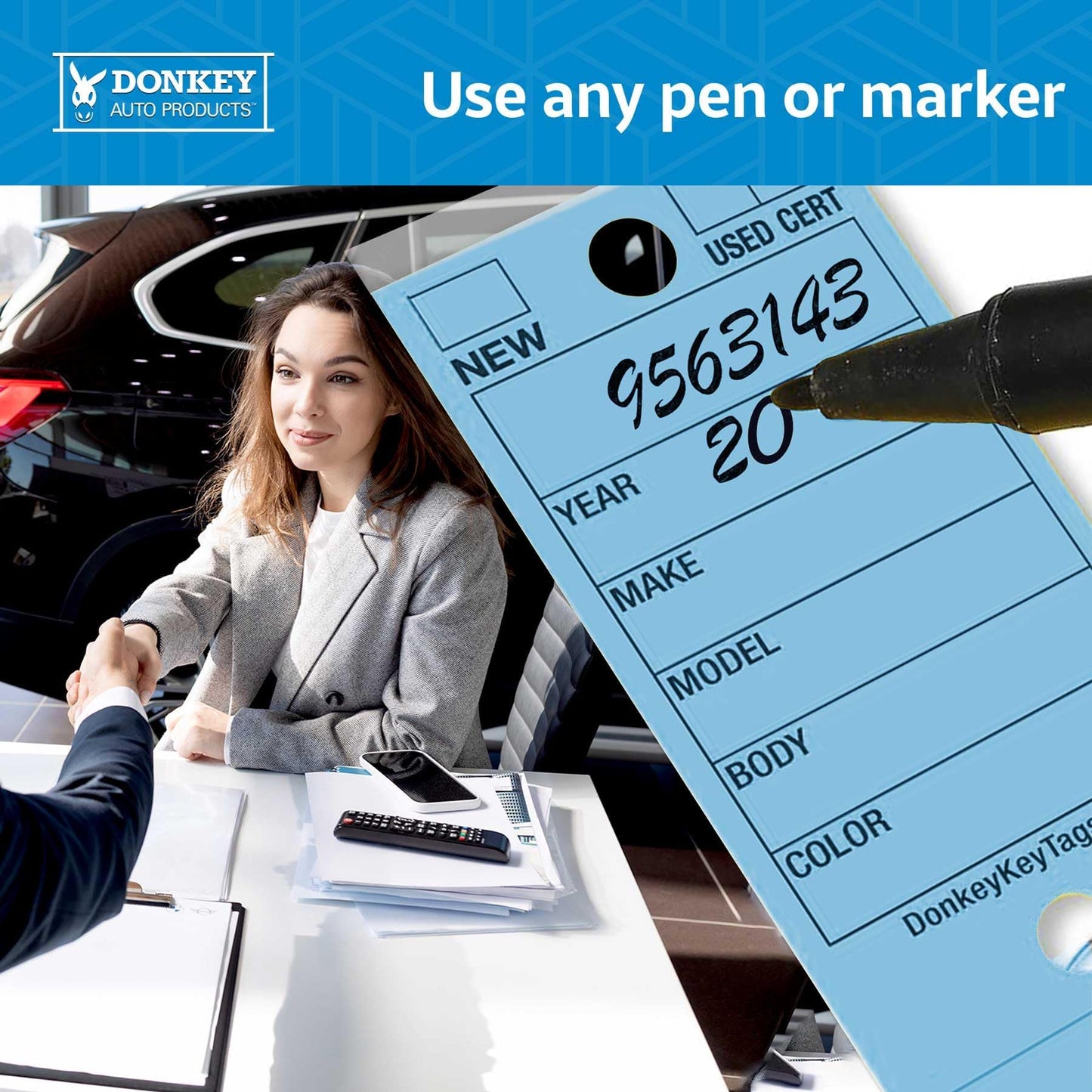 Donkey Key Tags, Laminated Self-Protecting (250 Tags per Box with Metal Rings) (Blue)