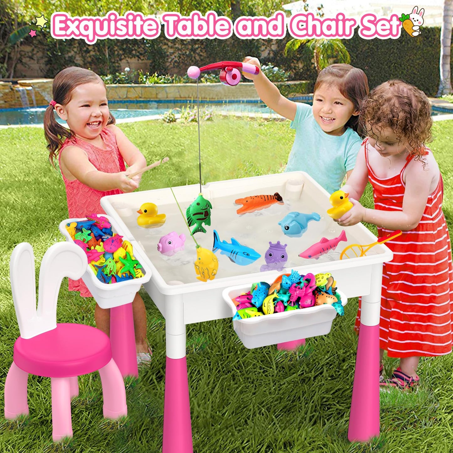 OCATO Kids Toddler Table and Chair Set: Water Table Activity Tables with 152Pcs Large Marble Run Building Blocks 2 Rabbit Chairs Storage All in One Play Sensory Sand Tables 3-6 Year Old Girl Toy Gift