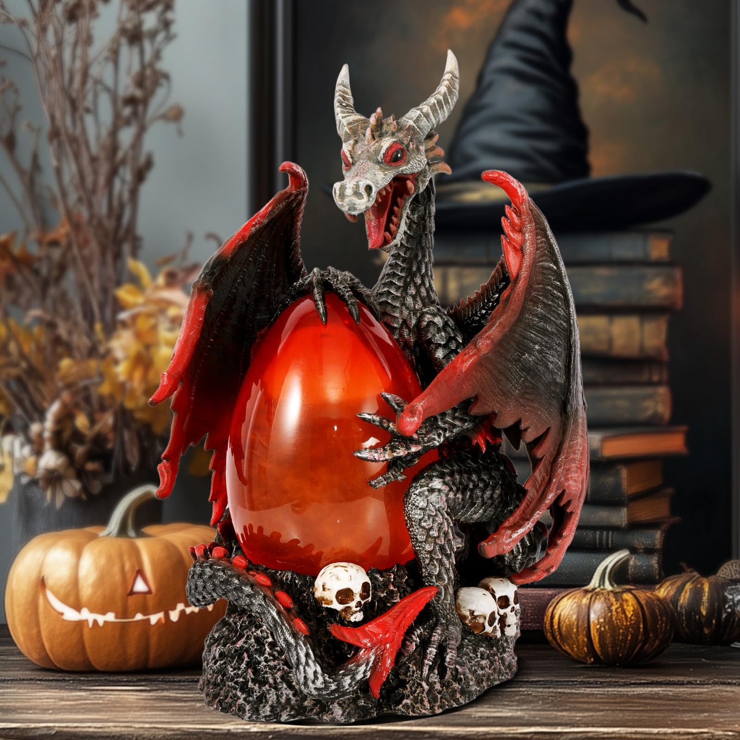 Fire Dragon Glitter Globe Statue Dragon Egg Glowing Sculpture, Skull Accent Base, Evil Dragons Lantern with 6H Timer, Battery Operated, Cool Decoration for Halloween, Fantasy Gift for Collectors