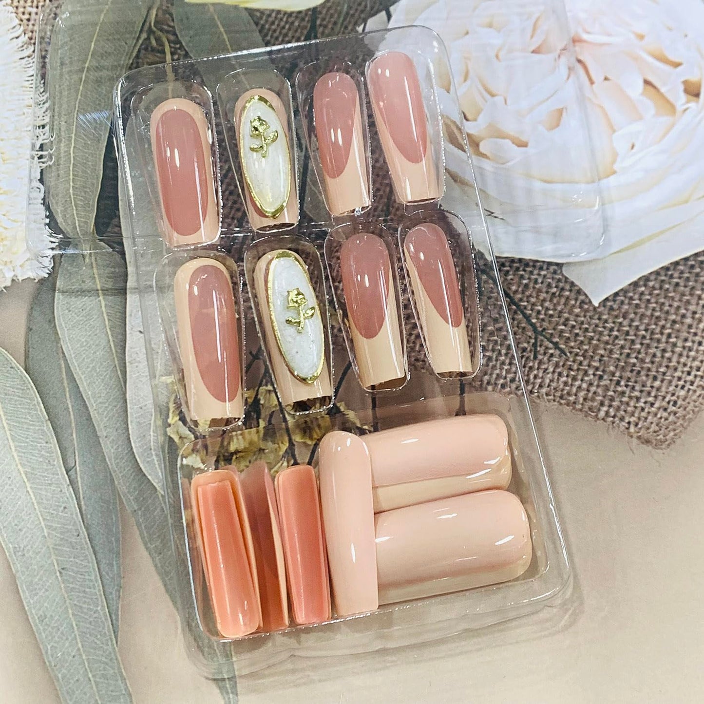 FIEONCIY Press on Nails Long Coffin Shaped Acrylic Glossy Full Cover Long Square French False Nails with Designs Artificial Extra Long Fake Nails with Charms Glue ons Fingernails for Women(XD9020)
