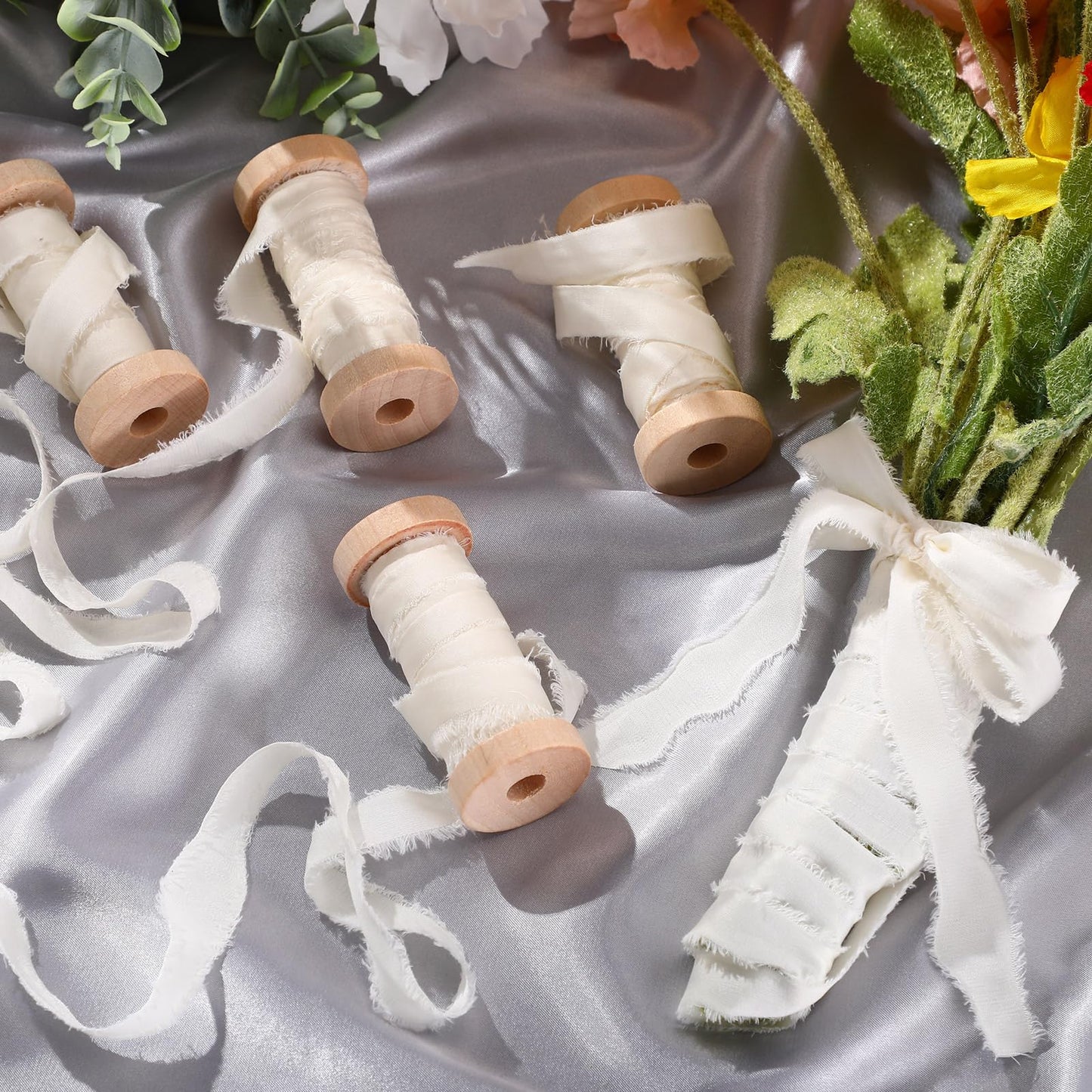 Mindsoft Frayed Chiffon Ribbon for Craft Silk Satin Ribbons 1/2-1/4 Inch x 20 Yard Handmade Fabric Strips with Wooden Spool for Valentines Day Wedding Gift Wrapping(Ivory)