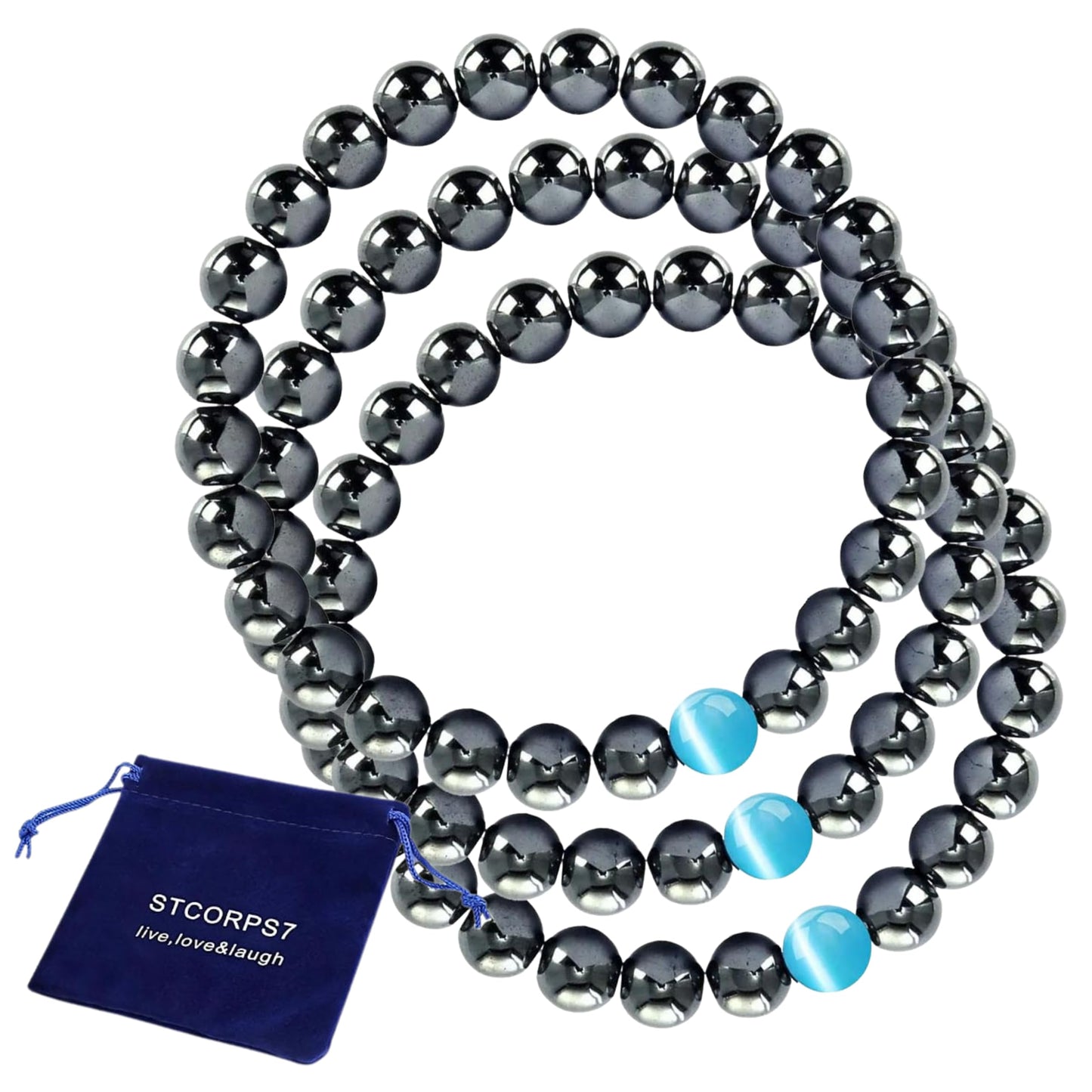 STCORPS7 Magnetic Bracelet Arthritis, Energy Healthy Jewelry, Therapy for Sleep, Crystal Bracelets Bring Luck, Prosperity and Happiness (3Pcs Hematite+Blue), 9.4 inch