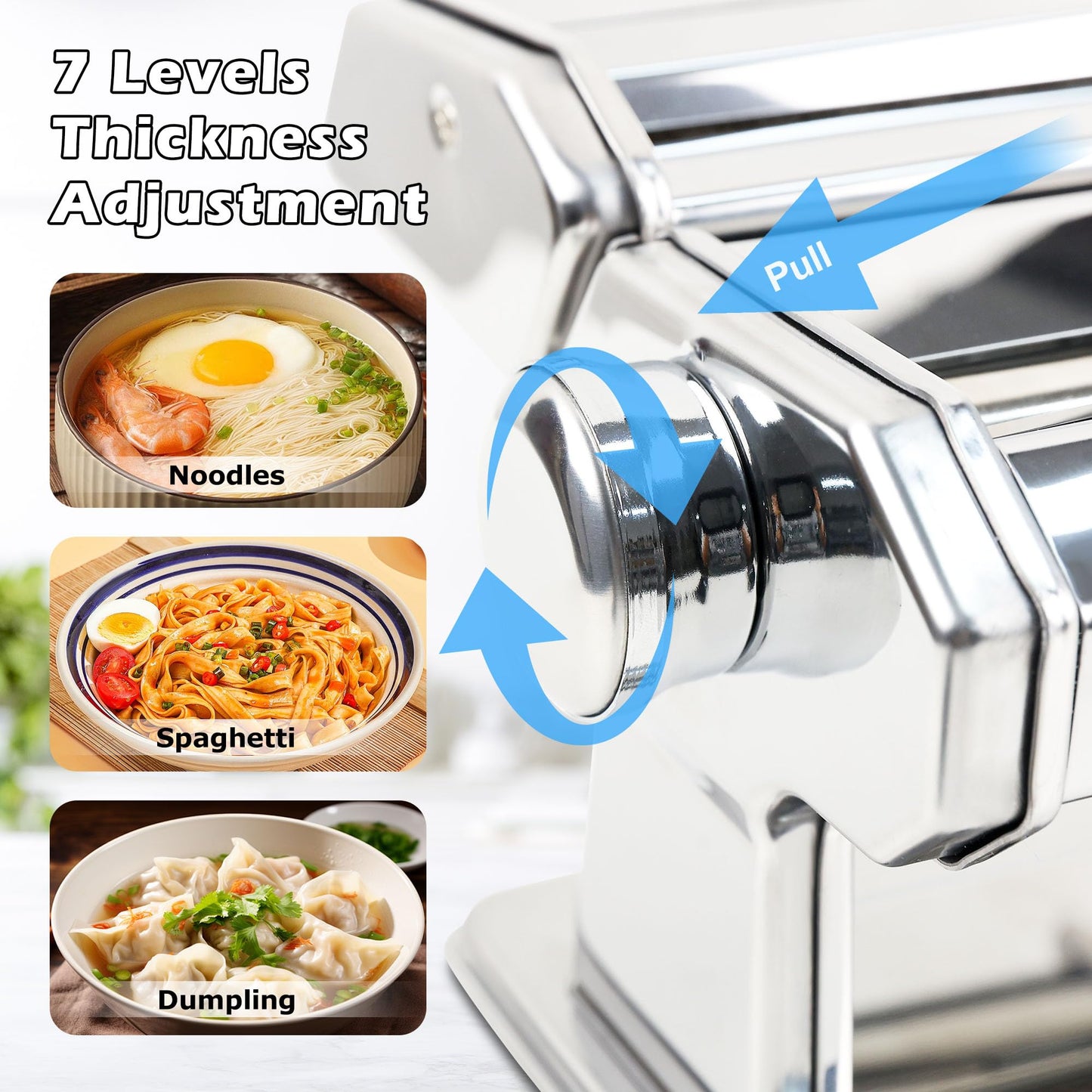 Pasta Maker Machine With 7 Adjustable Thickness Settings, Stainless Steel Manual Noodle Maker,Pasta Roller& Cutters With Removable Handle and Clamp For Kitchen