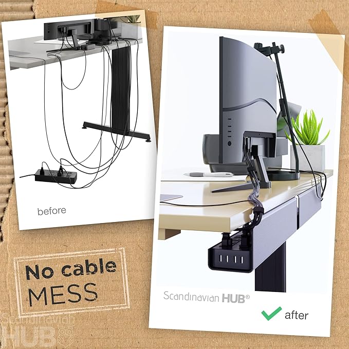 No-Screw Under Desk Cable Management Tray - Self-Adhesive Installation, Cord Management, Cable Tray, Under Desk Wire Organizer - Black Set of 4
