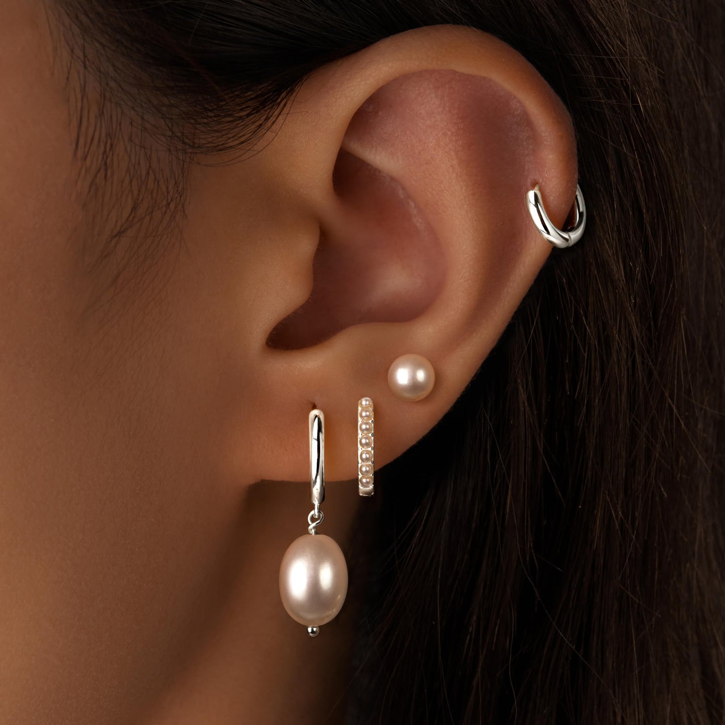 Silver Pearl Earrings for Women,Huggie Small Stack Cartilage Stud Hoop Earring Sets for Multiple Double Piercing, Conch Helix Rook Tragus Daith Piercing Silver Clip On Jewelry Set Gifts