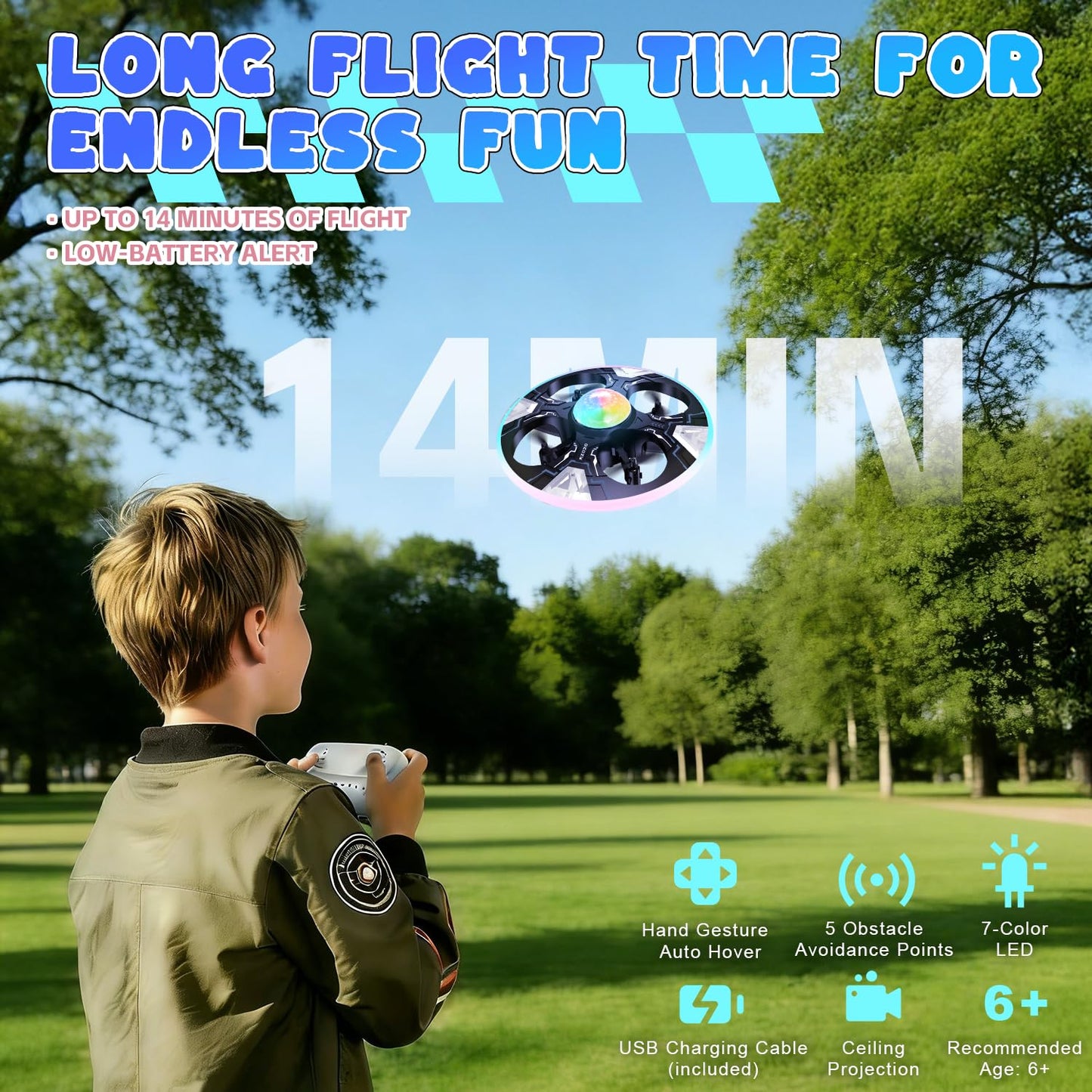 Mini UFO Drone for Kids – Safe RC Toy with 7 LED lighting modes, 360° Flips, Light Projection onto Ceilings, Auto Hover, Hand Gesture, 2 Batteries(14 Min Flight), Ideal Fun Gift for Kids