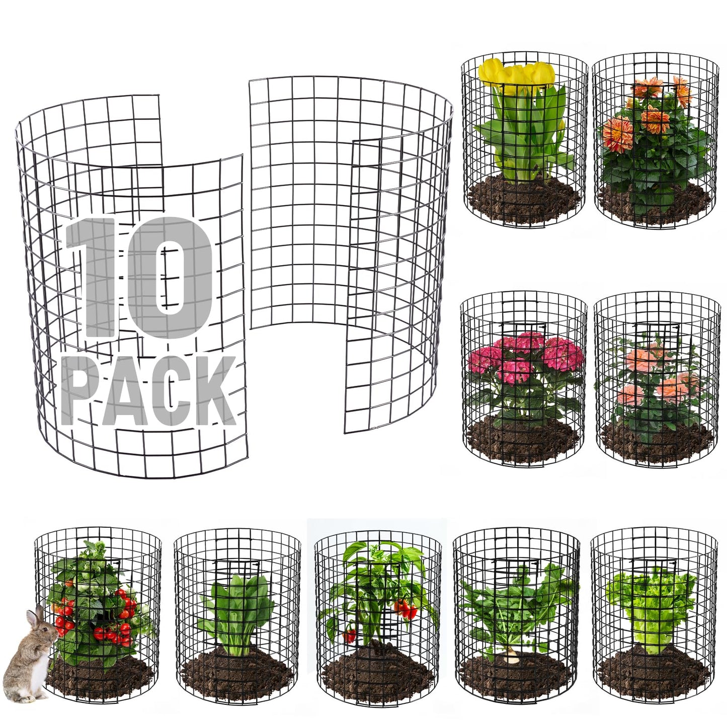 12-gauge Wire Pre-Bent Quick Setup Plant Protectors from Animals -14''H *13''Dia Chicken Wire Plant Cages to Keep Rabbits Deers Squirrels Out, Garden Bunny Barricades with Zip Ties Stakes, 10Pack