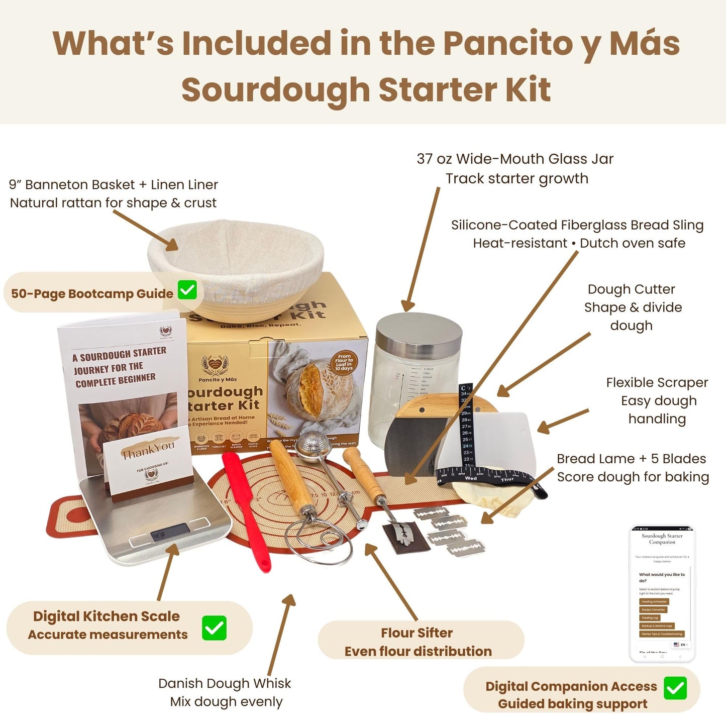 Pancito y Más Sourdough Starter Kit with Digital Scale & 37oz Jar – 12-Piece Complete Bread Baking Set for Beginners with Banneton, Bread Sling & Step-by-Step Guide