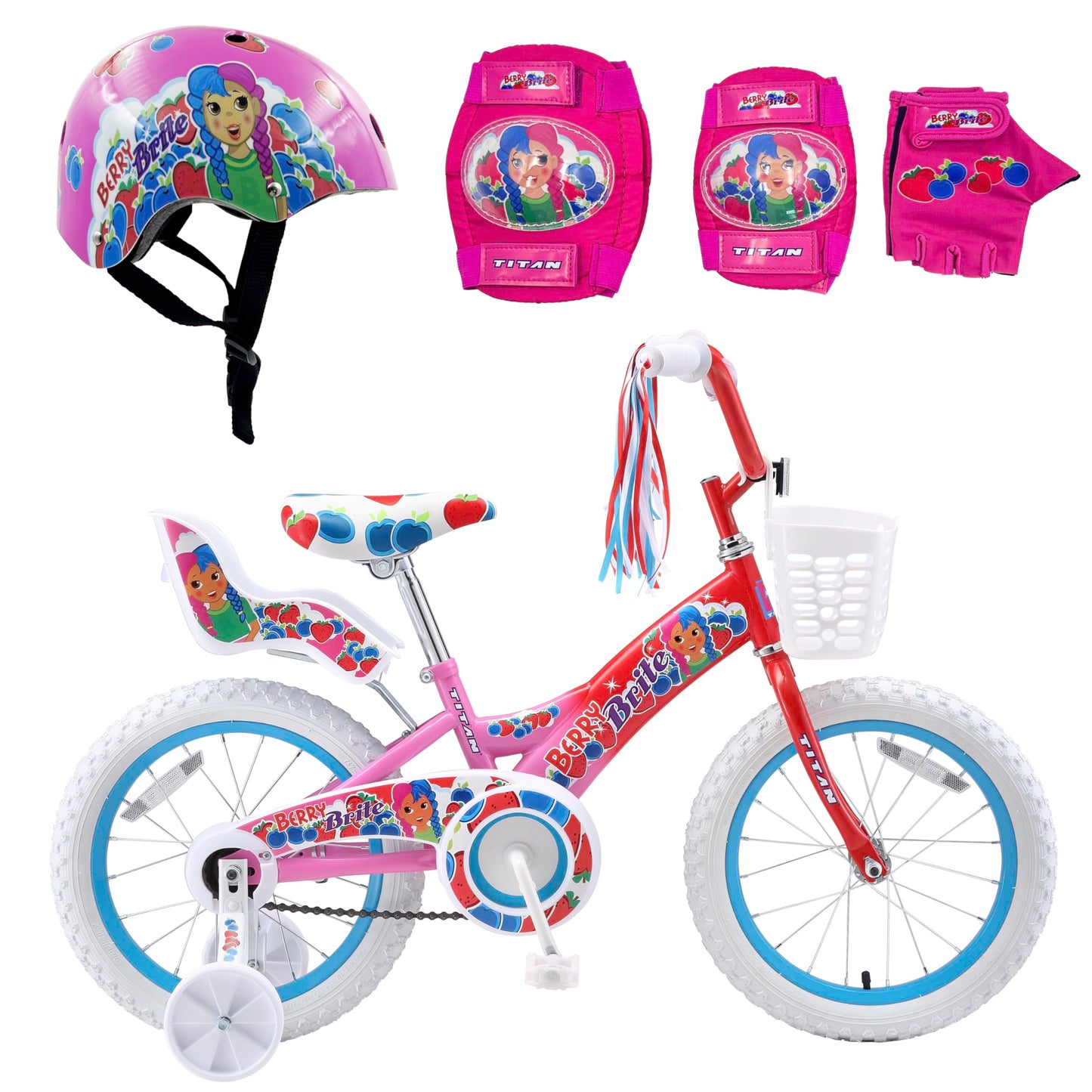 Titan Girls BMX Bike for Kids Ages 4-7, 16-Inch Wheels, 9-Inch Frame, Training Wheels, Toy Seat, Doll Basket, Streamers, First Bike, Princess Bicycle, Gift for Girls (Berry Brite Multicolor Bundle)