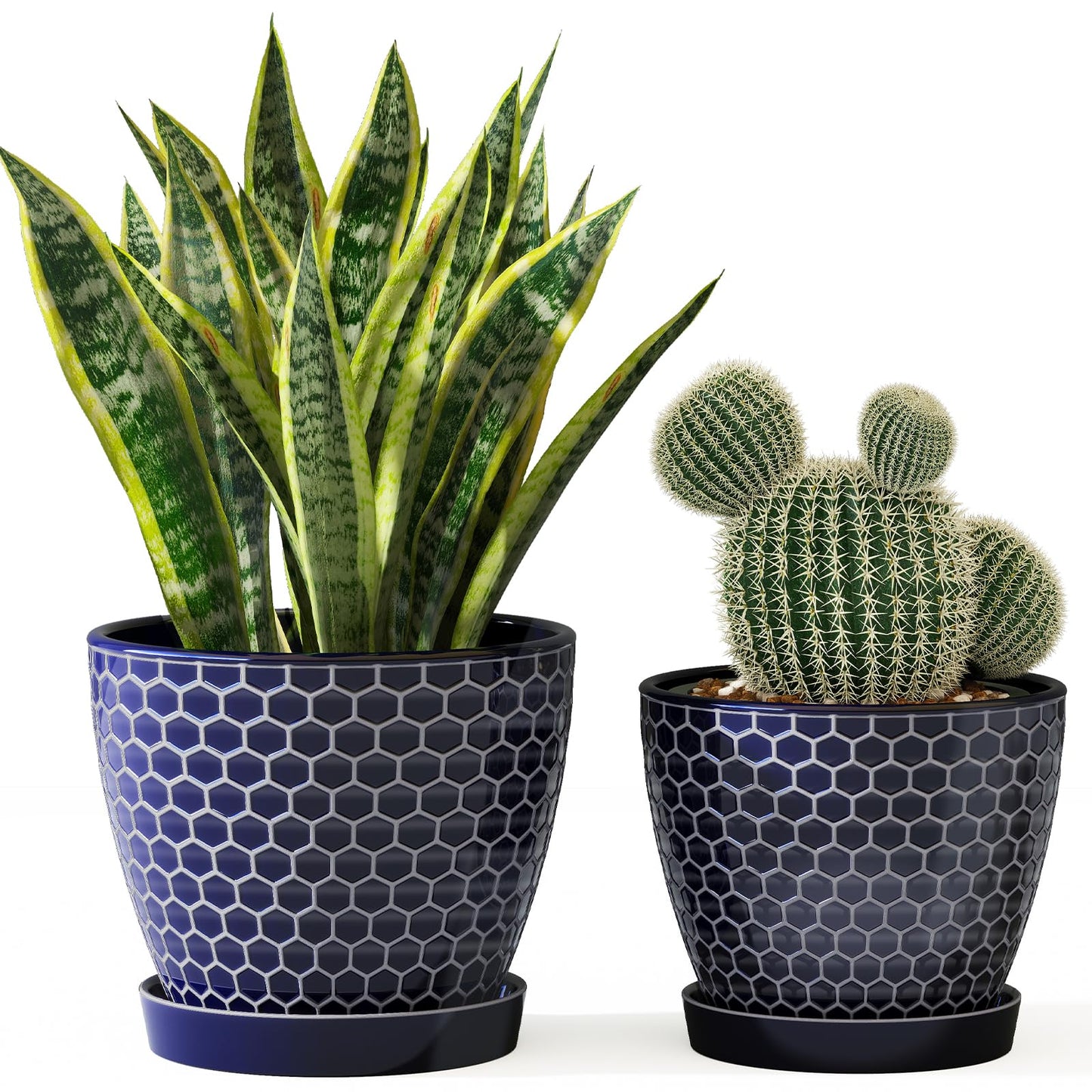 Docrin Blue Honeycomb Ceramic Plant Pot Set - 6.6"+5.5" Inch, Modern Decorative Planters with Drainage Holes & Saucers for Indoor/Outdoor Home Office