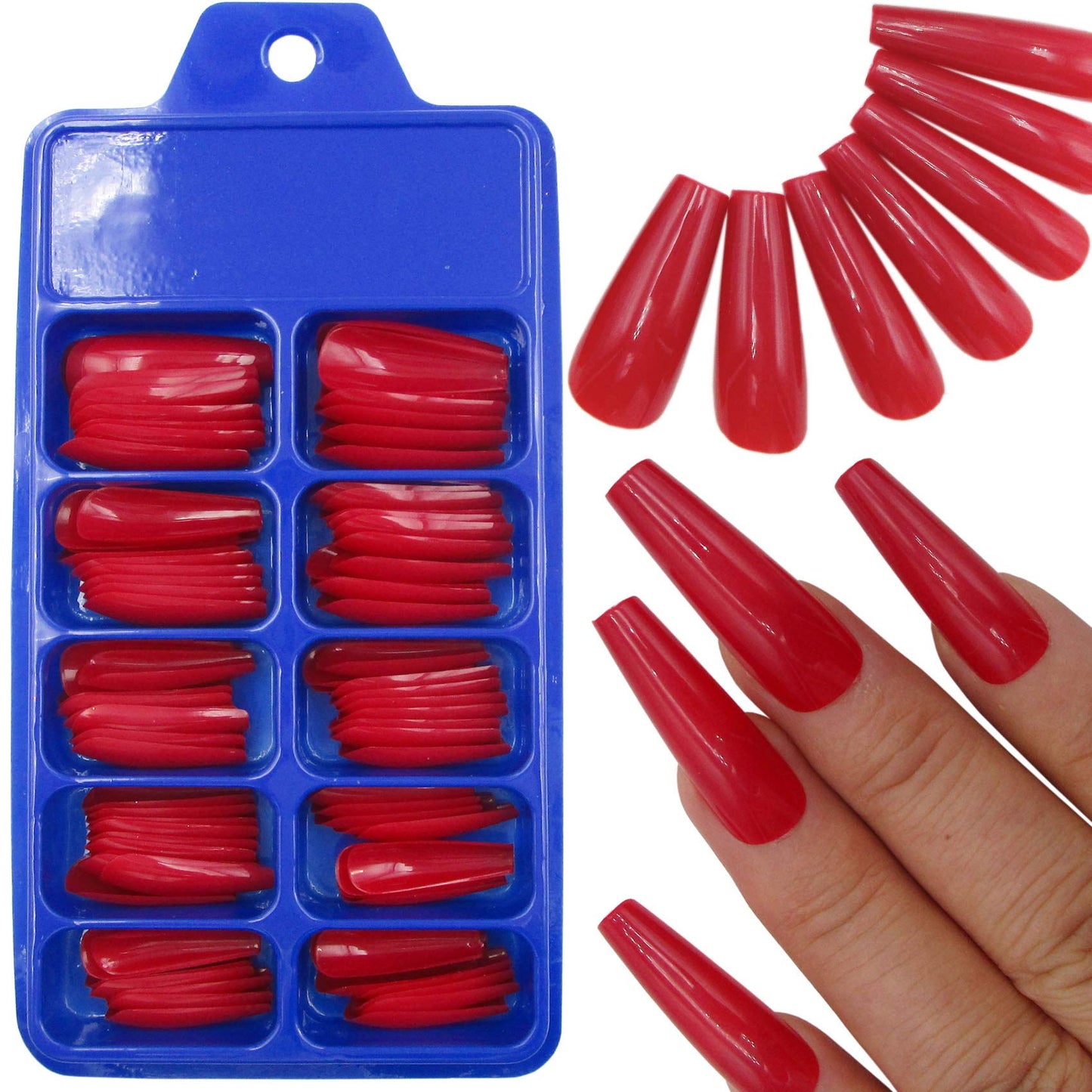 100pc Red Press on Nails Medium Coffin Fake Nails, Medium Press-on Nail Coffin Acrylic Nails Press ons Nail Red False Nail Glossy Ballerina Artificial Fingernail Full Cover Glue on Nail