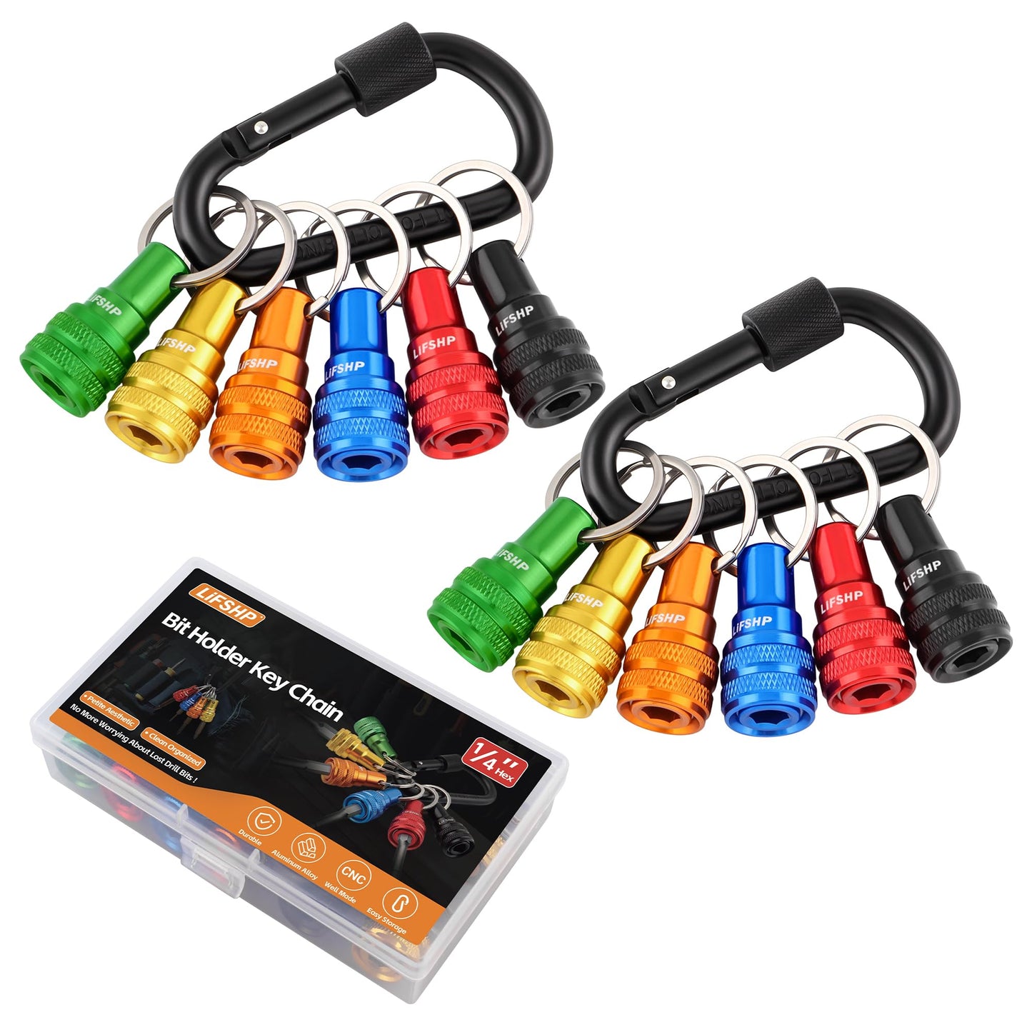 6Pcs Drill Bit Holder Key Chain, 2 Sets 1/4 Hex Shank Aluminum Alloy Push to Unlock Quick Release for Impact Bit Driver Extension Bar Nut Driver Screwdriver & Drill Bits,Tool Gifts for Men-Multi Color