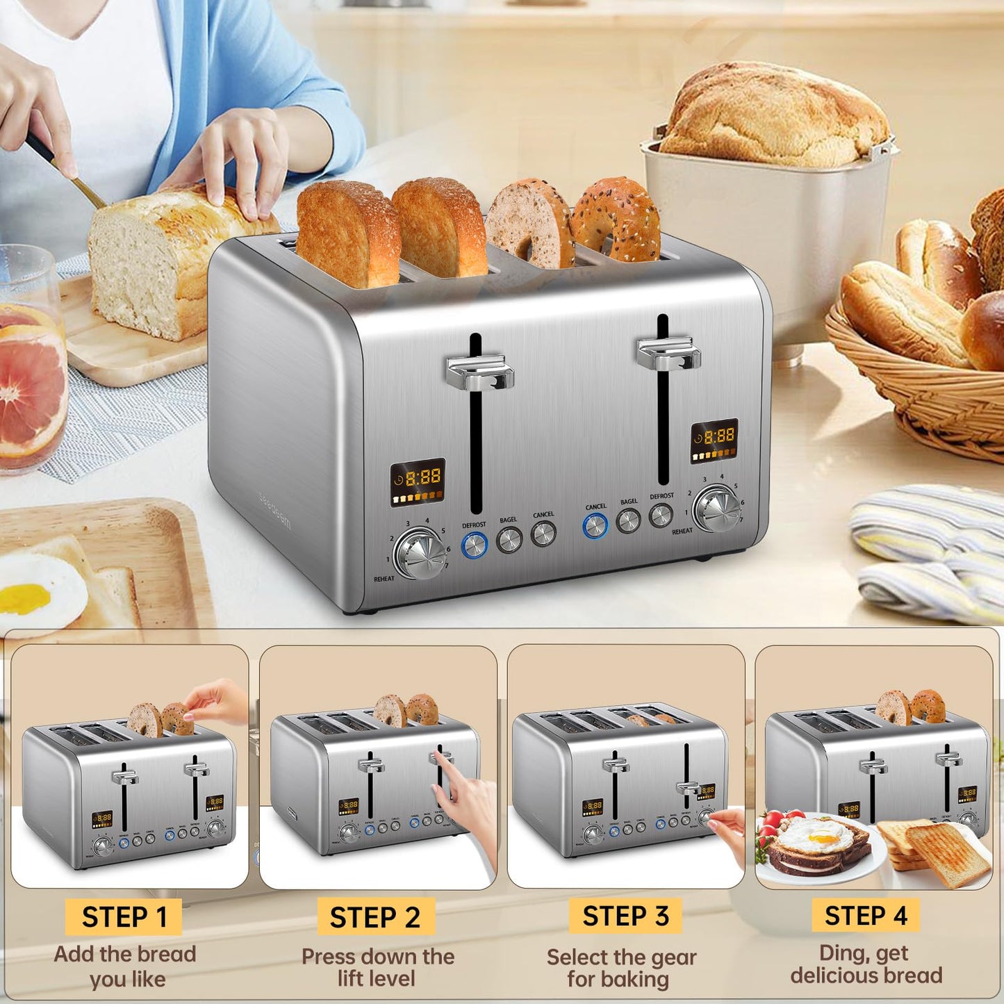 SEEDEEM 4 Slice Stainless Toaster - Color LCD Display, 7 Shade Settings, 1.5'' Wide Slots with Bagel/Defrost/Reheat Functions, Removable Crumb Tray, Silver Metallic, 1800W